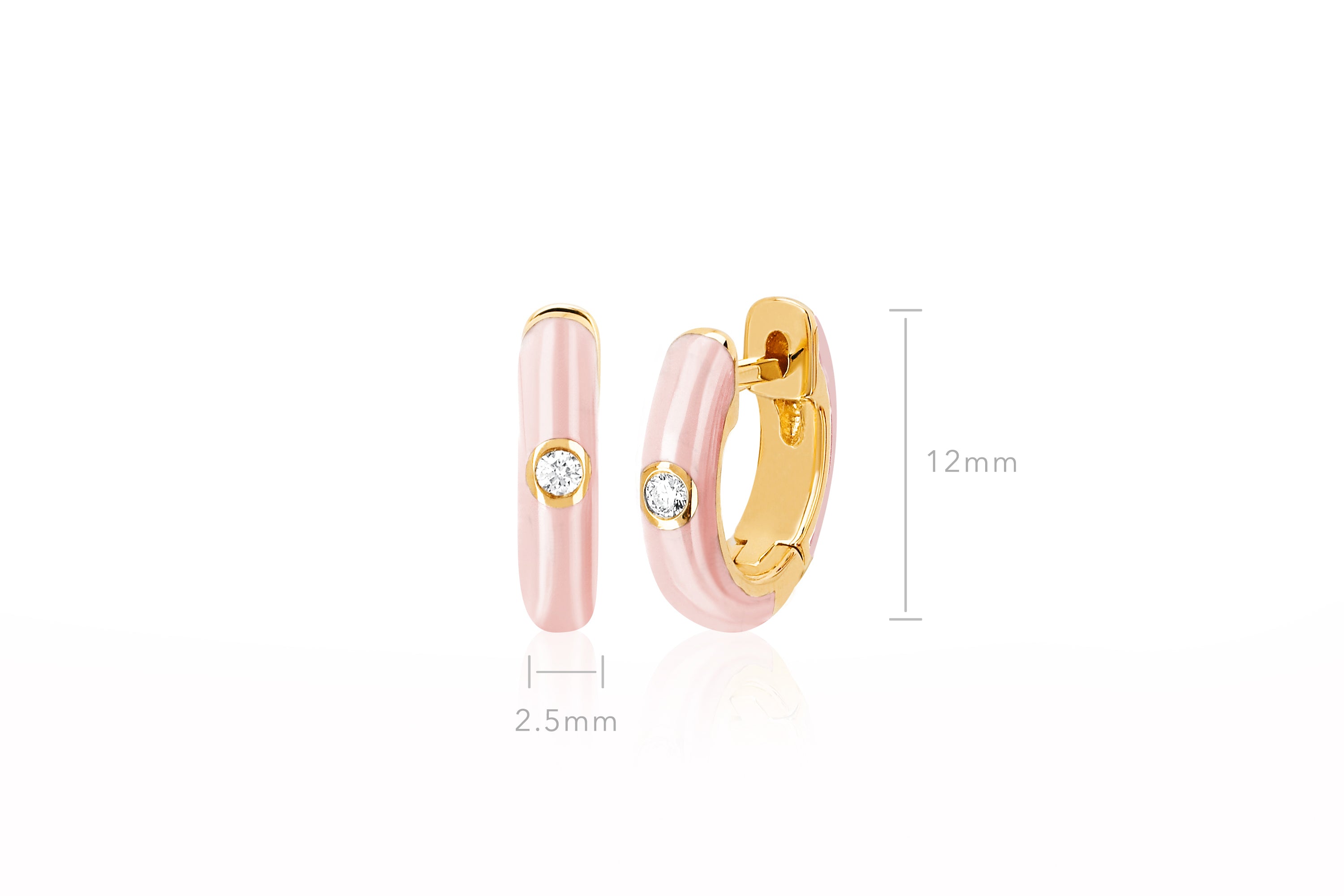Diamond Blush Enamel Huggie Earring in 14k yellow gold with size measurement of 12mm height and 2.5mm width