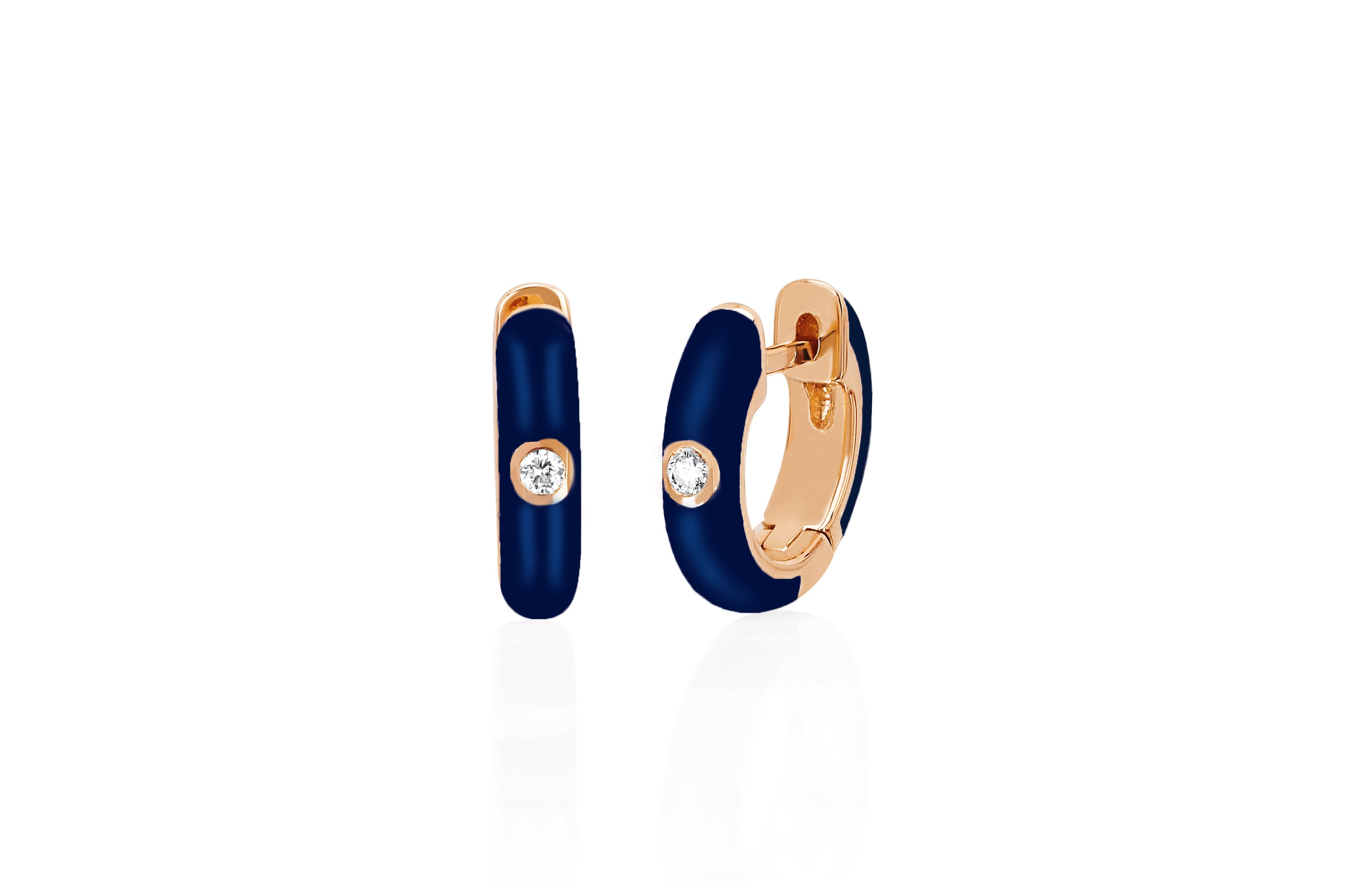 Diamond Navy Enamel Huggie Earring in 14k rose gold