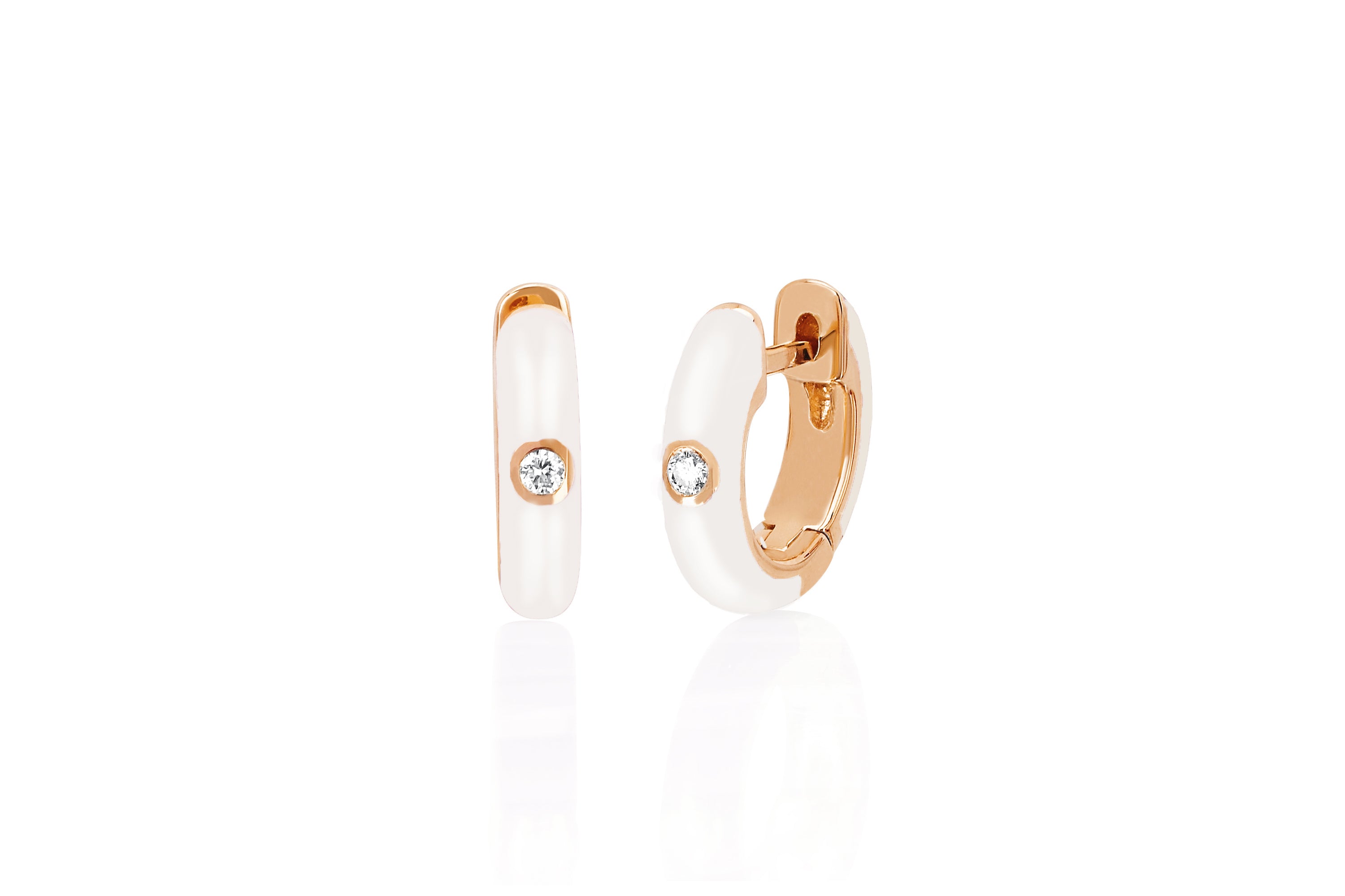 Diamond White Enamel Huggie Earring in 14k rose gold