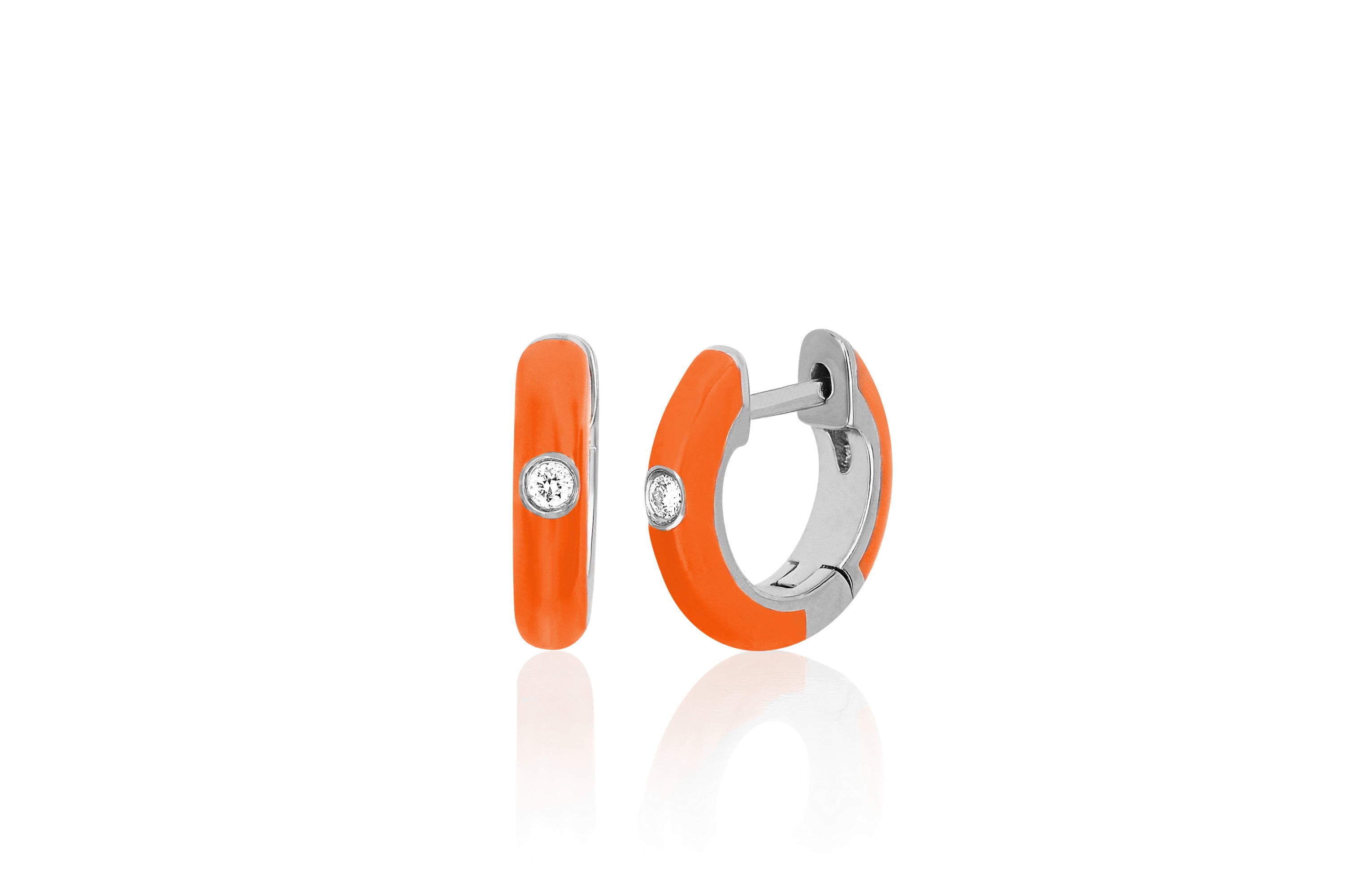 Diamond Orange Enamel Huggie Earring in 14k white gold