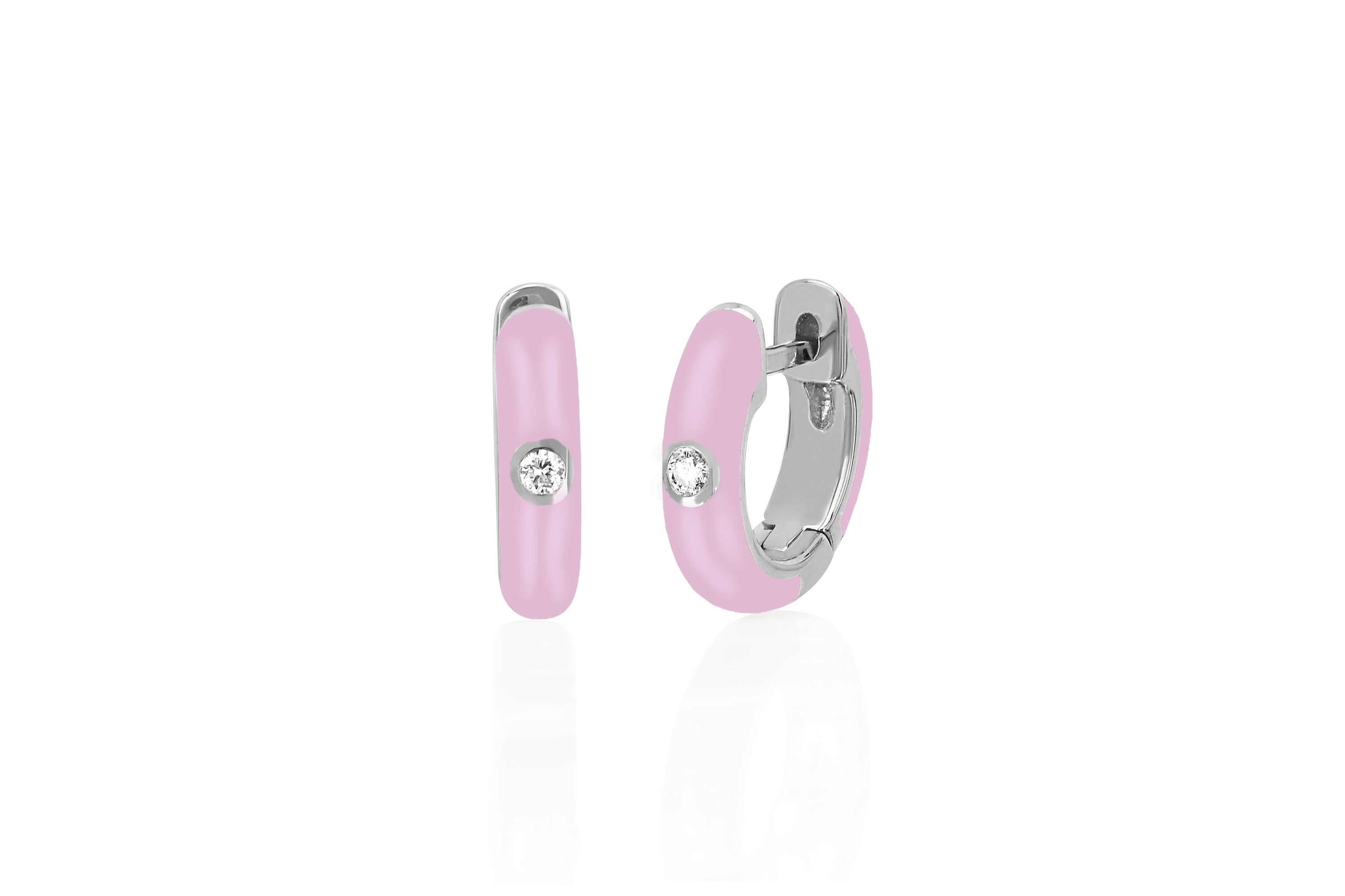 White Gold Pink Enamel Mini Huggies with Single Diamond 