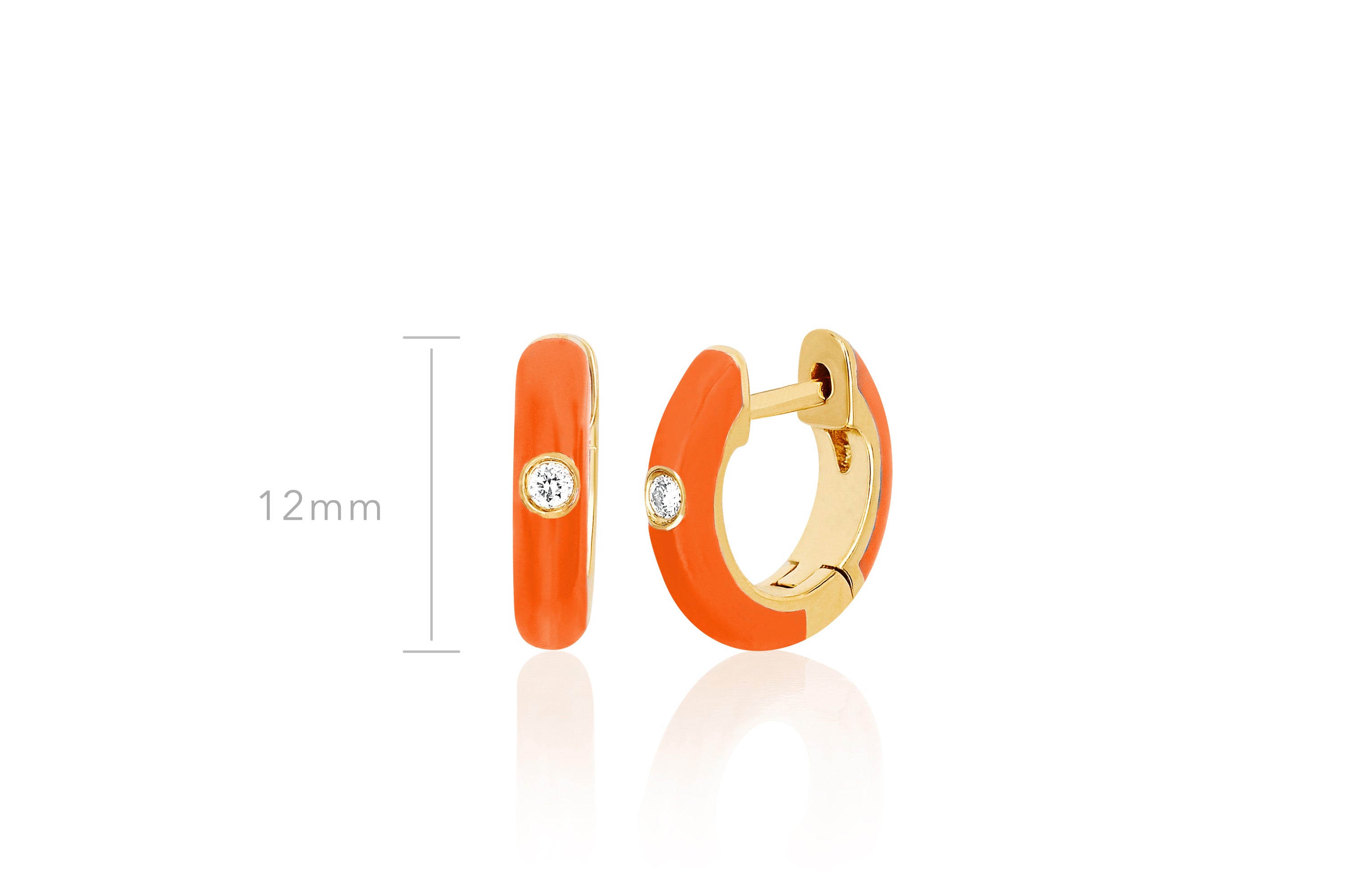 Diamond Orange Enamel Huggie Earring in 14k yellow gold with size measurement of 12mm height