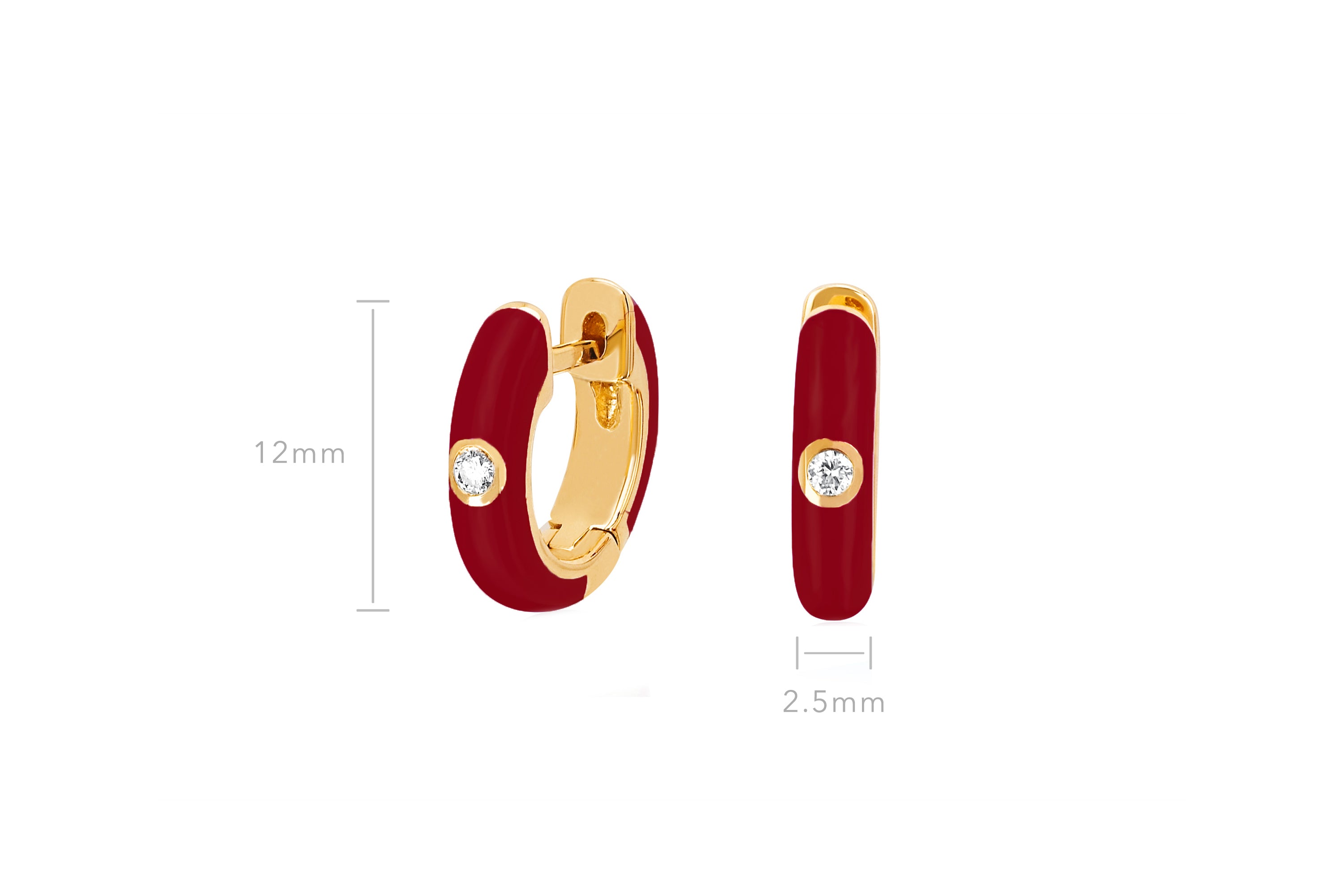 Diamond & Crimson Enamel Huggie Earring in 14k yellow gold with size measurement of 12mm in height and 2.5mm in width