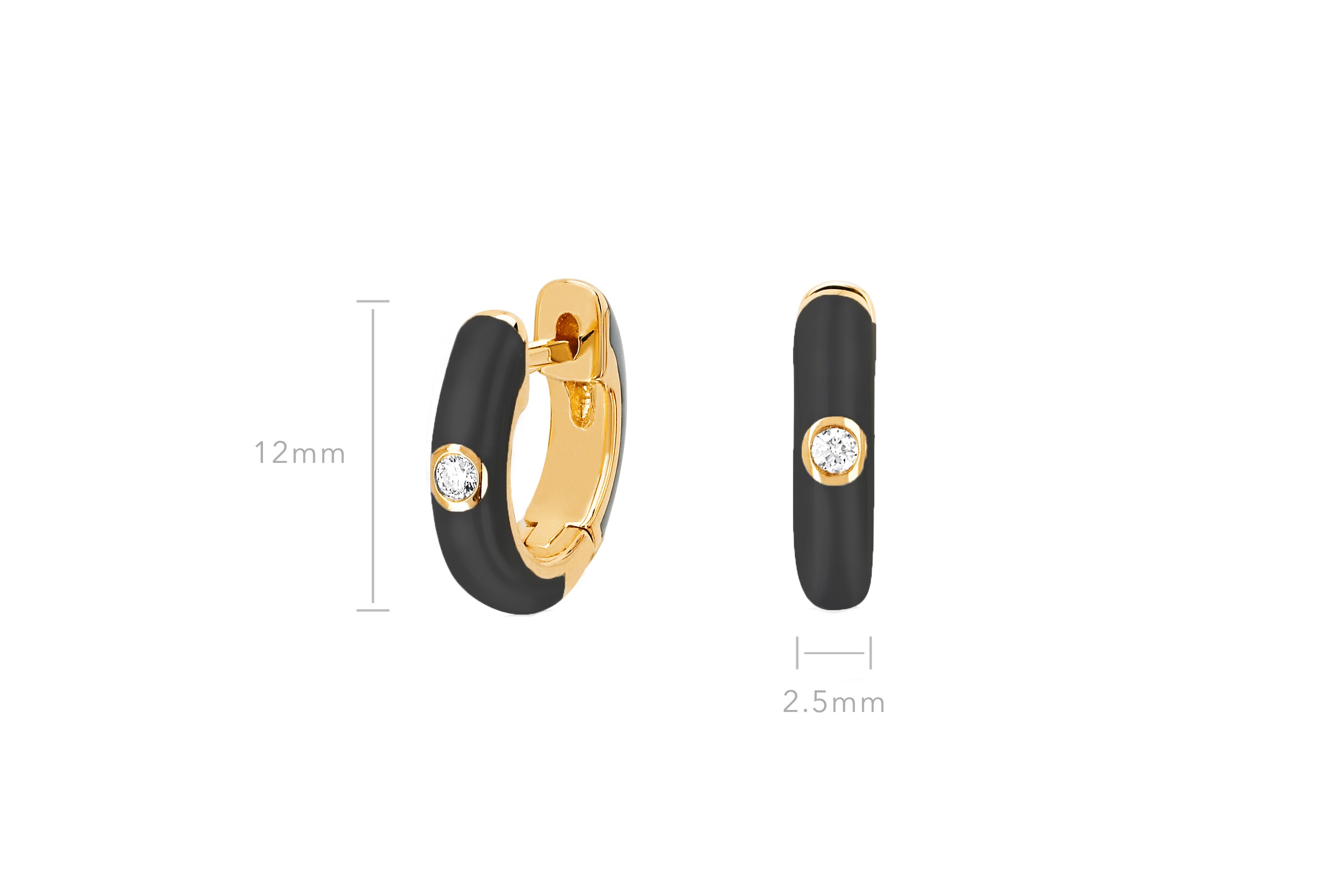 Diamond & Slate Enamel Huggie Earring in 14k yellow gold with size measurement of 12mm height and 2.5mm in width