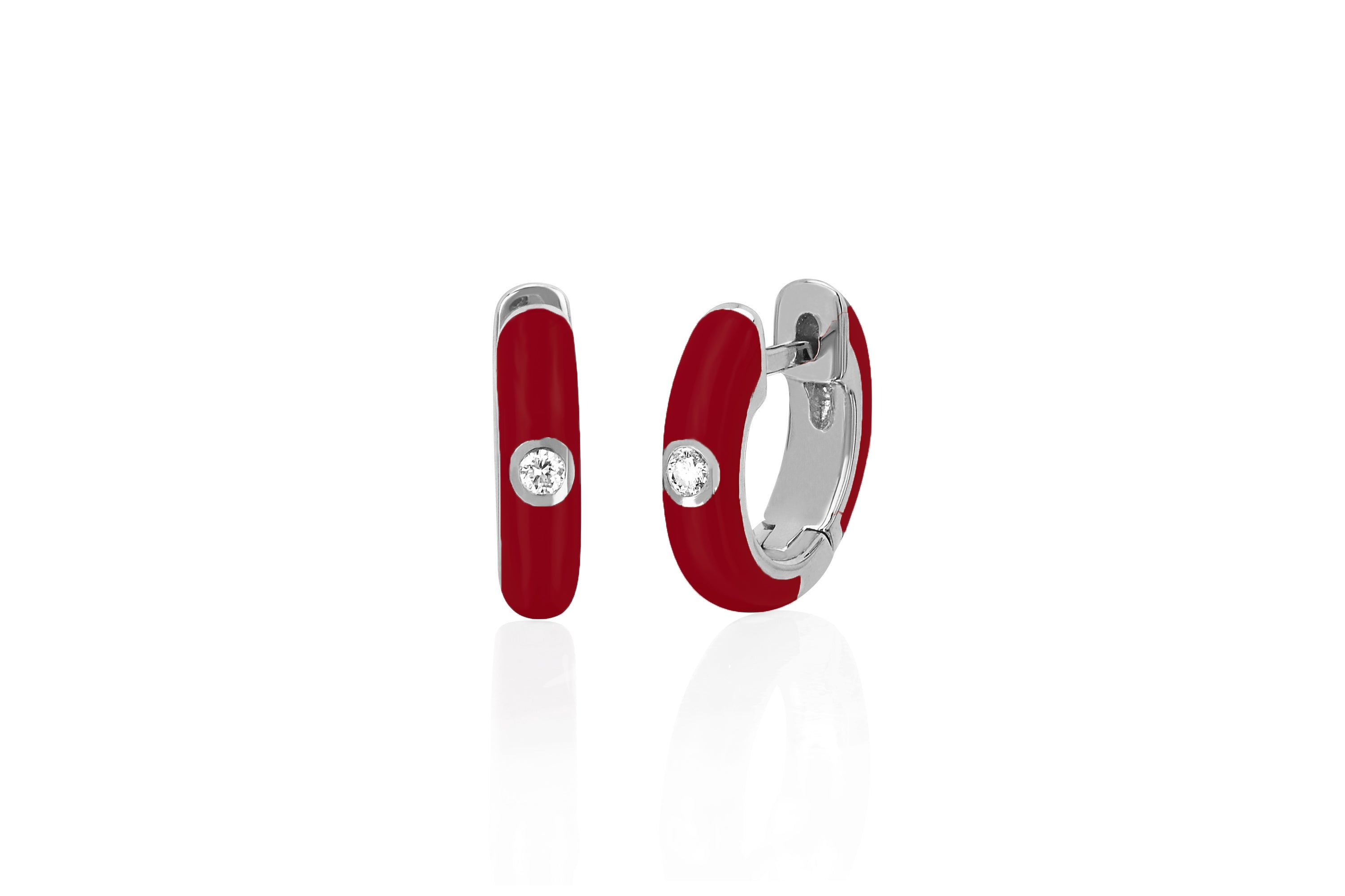 Diamond & Crimson Enamel Huggie Earring in 14k white gold