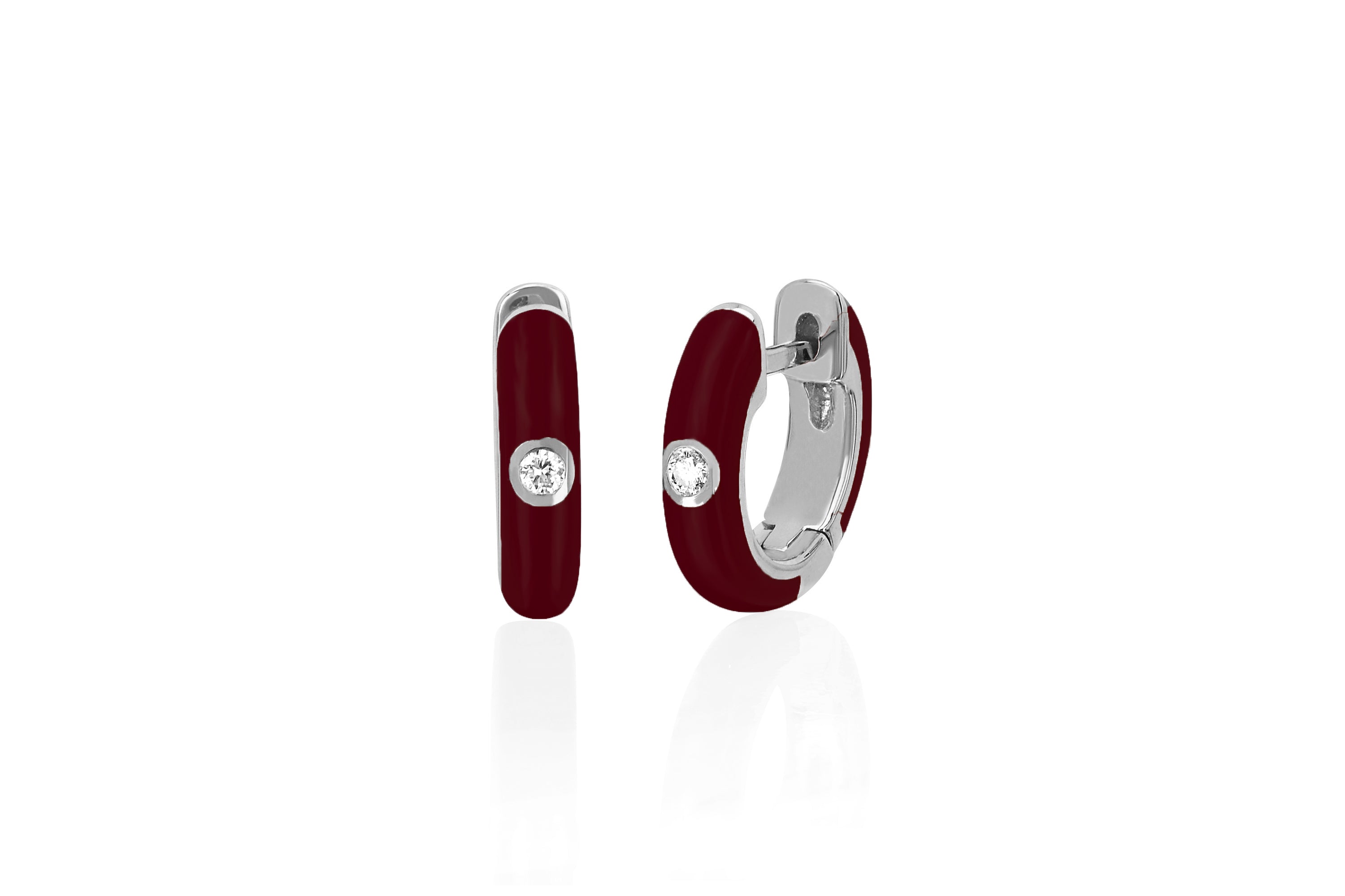 Diamond Wine Enamel Huggie Earring in 14k white gold