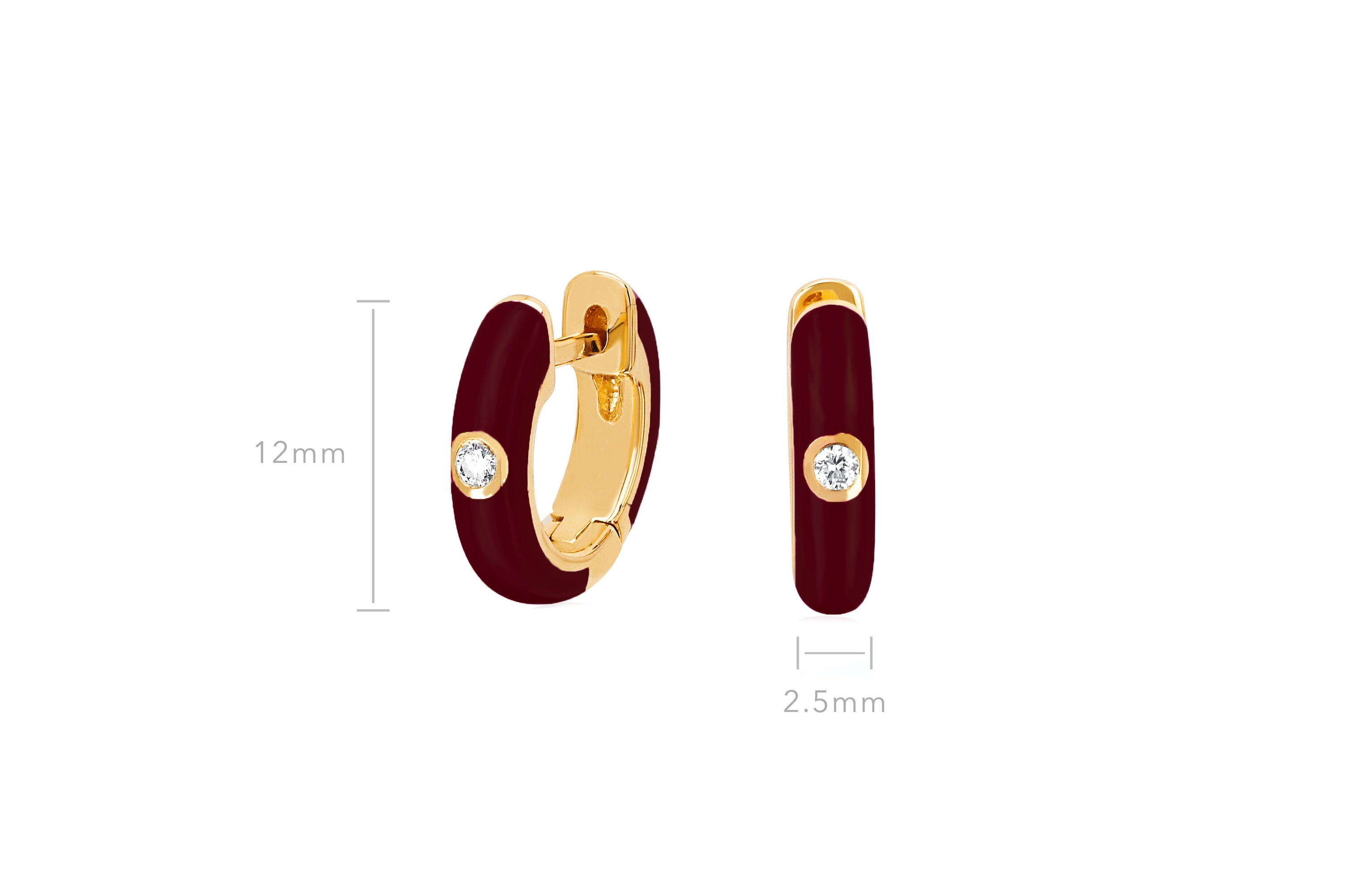 Diamond Wine Enamel Huggie Earring in 14k yellow gold with size measurements of 12mm height and 2.5mm width