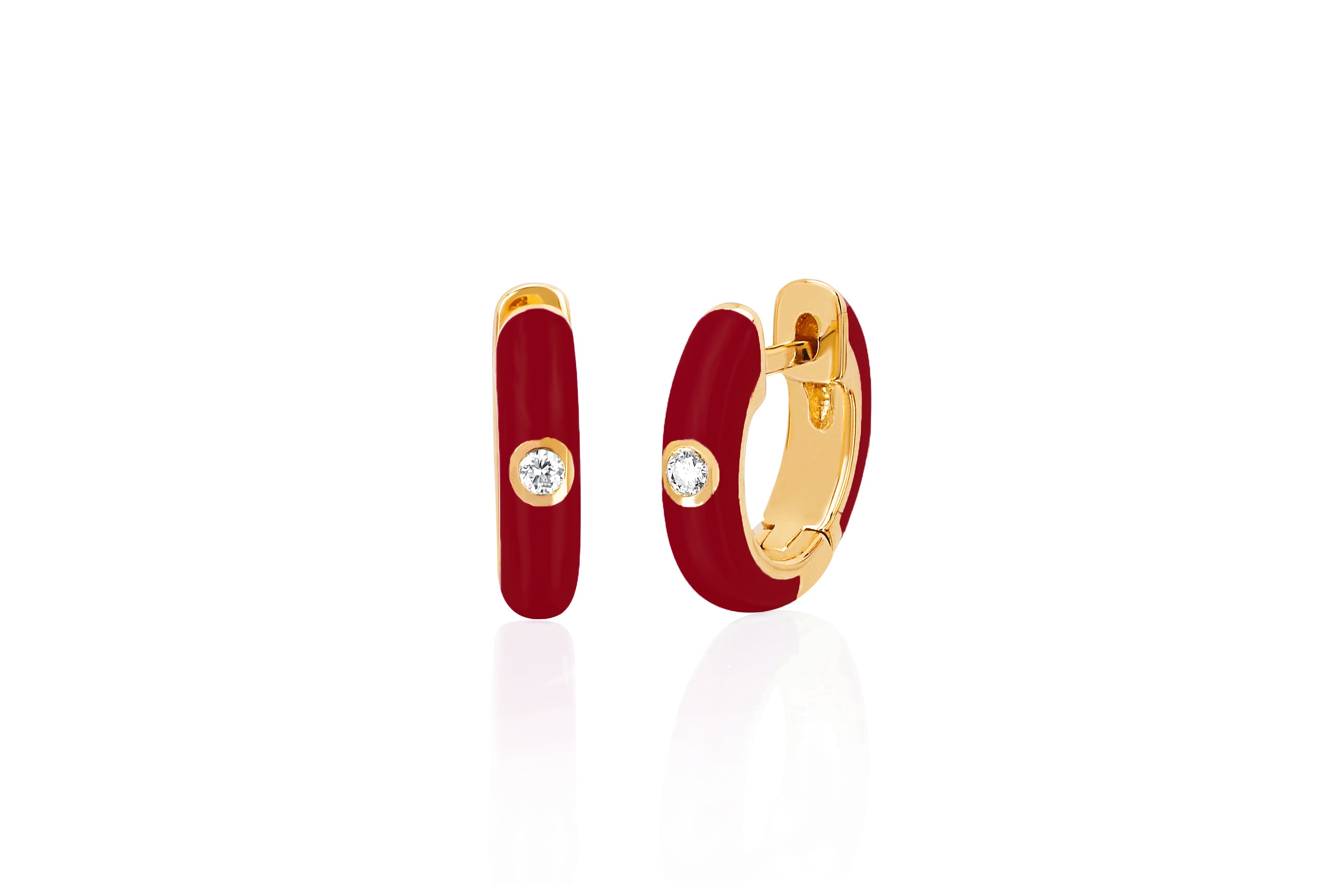 Diamond & Crimson Enamel Huggie Earring in 14k yellow gold