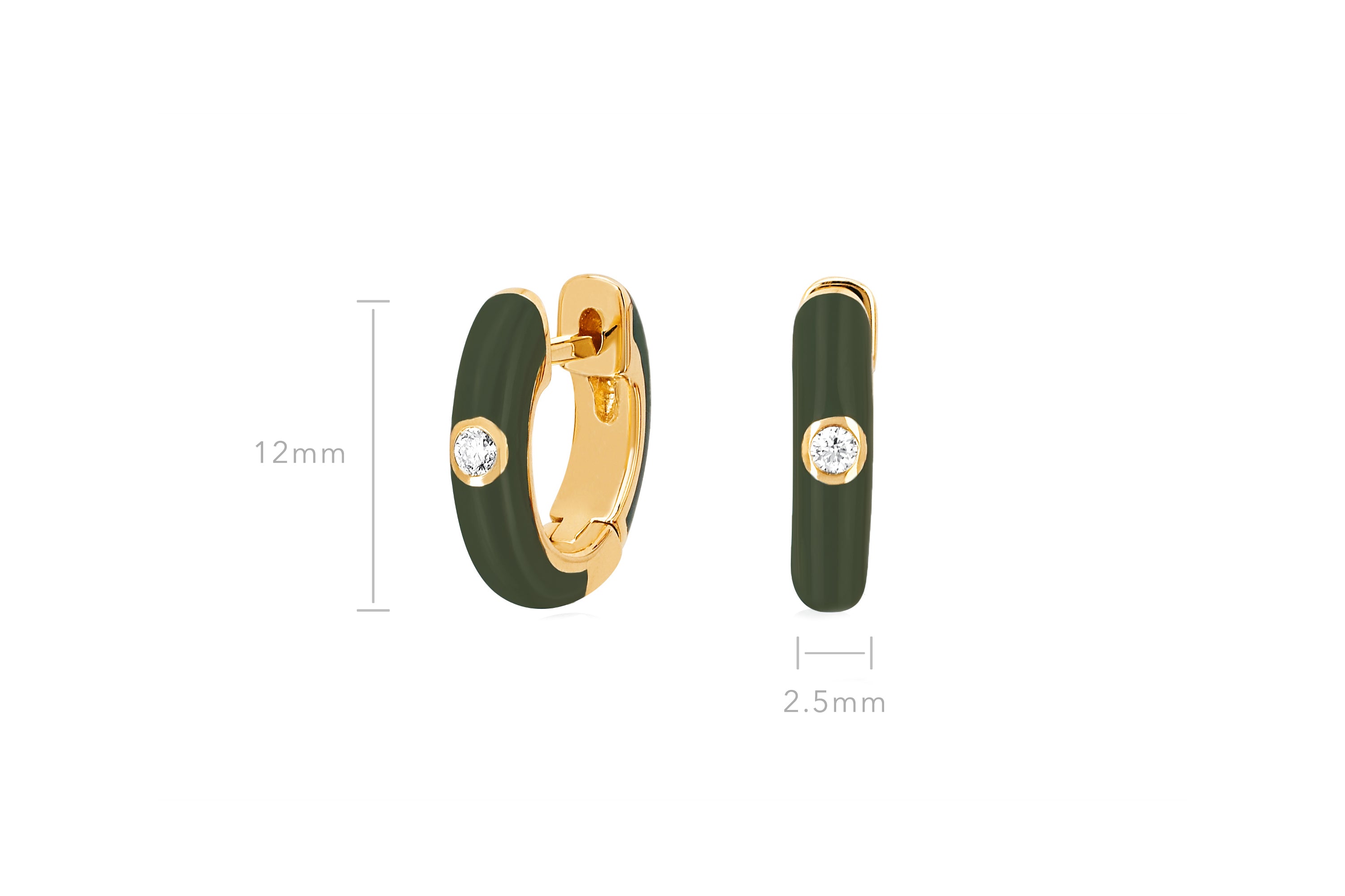 Diamond Olive Enamel Huggie Earring in 14k yellow gold with size measurement of 12mm height and 2.5mm diameter