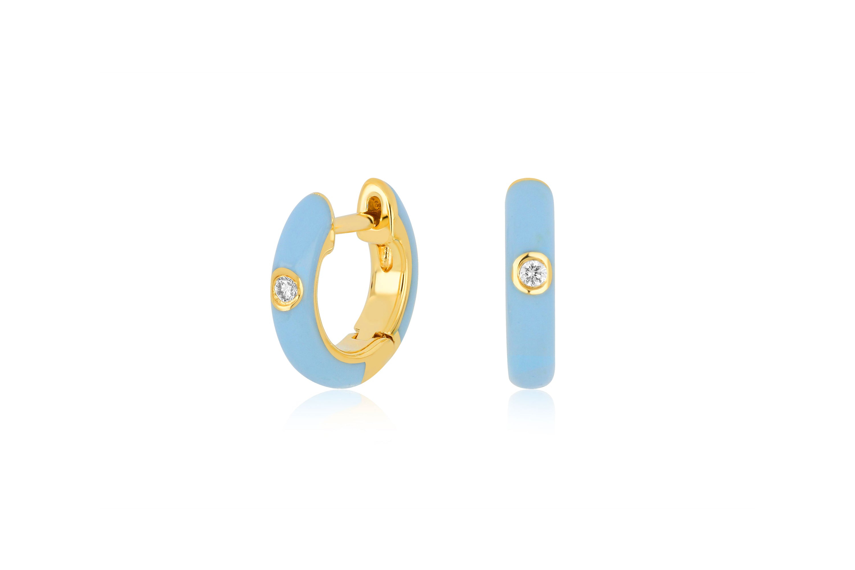Diamond Baby Blue Enamel Huggie Earring in 14k yellow gold