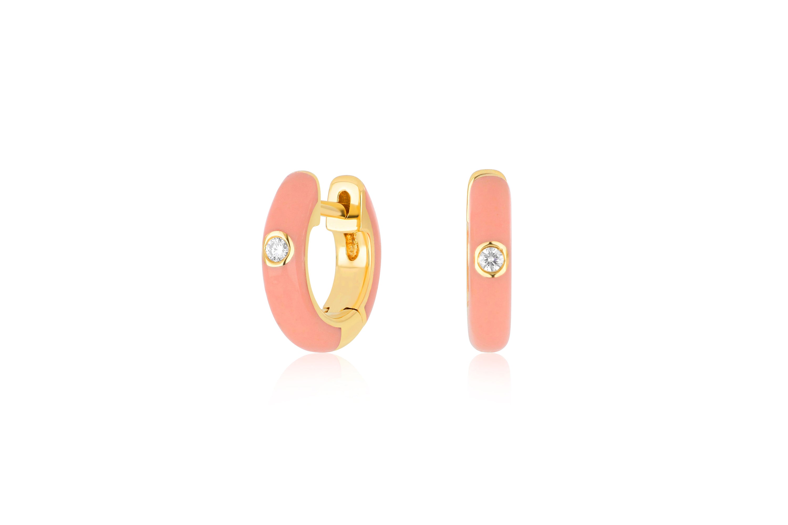 Diamond Coral Enamel Huggie Earring in 14k yellow gold