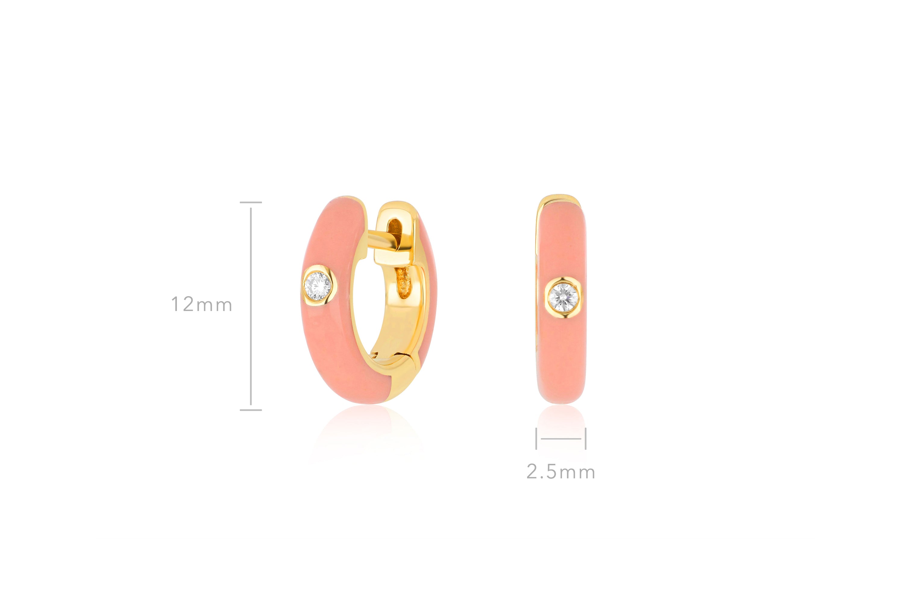 Diamond Coral Enamel Huggie Earring in 14k yellow gold with size measurement of 12mm height and 2.5mm in width