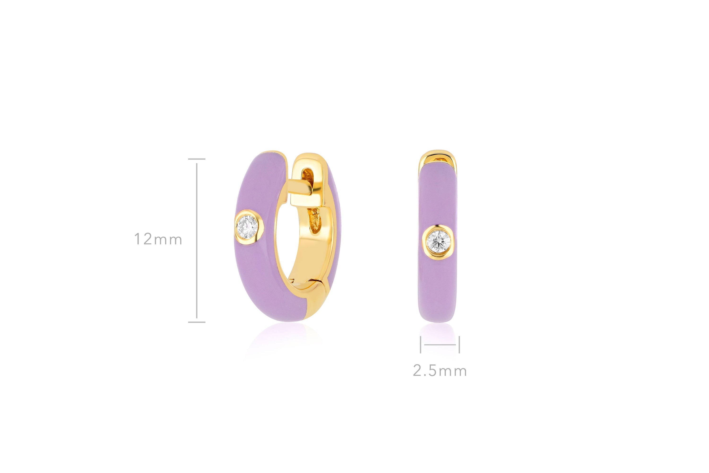 Diamond Lavender Enamel Huggie Earring in 14k yellow gold with size measurement of 12mm height and 2.5mm diameter