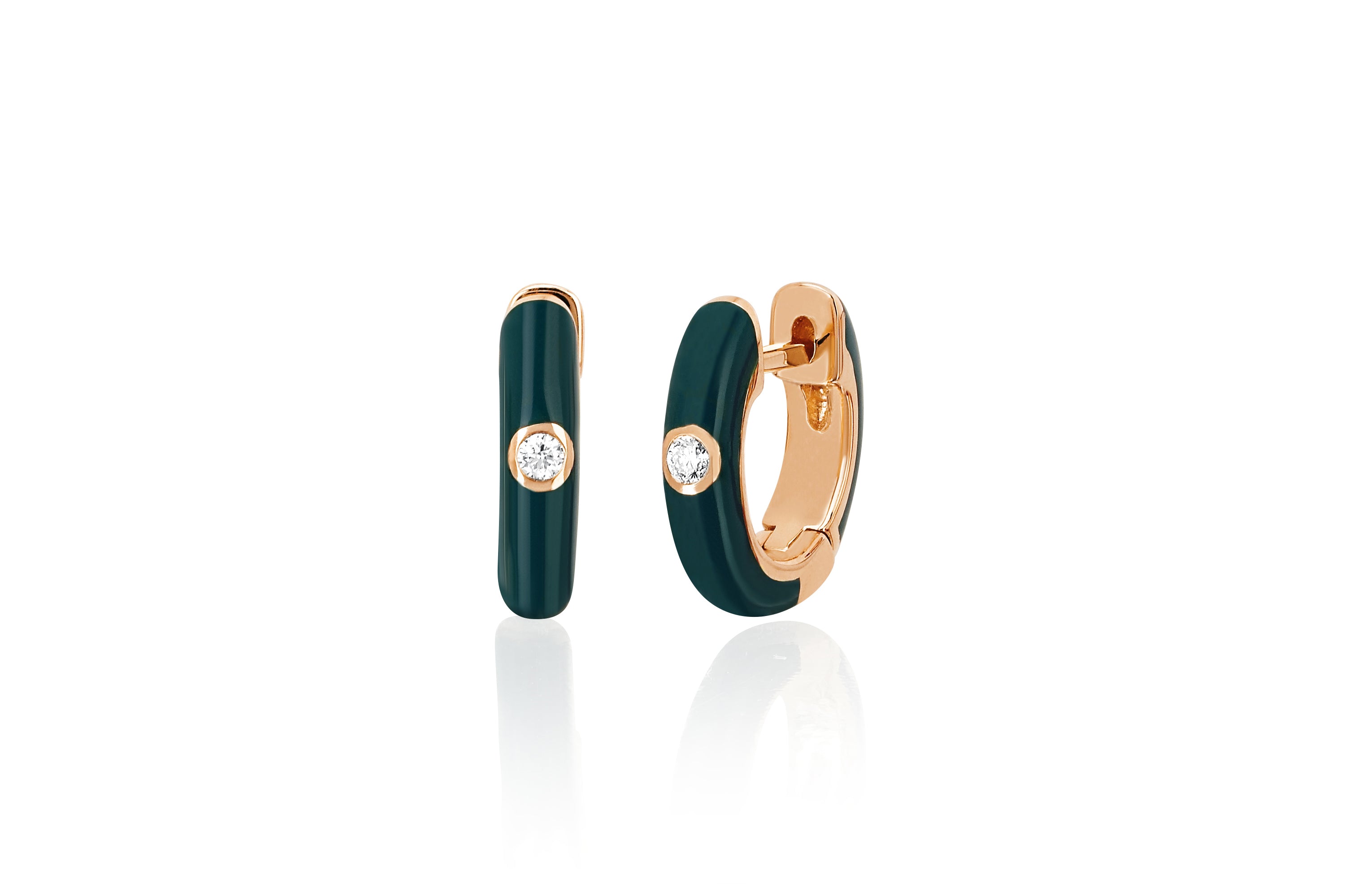 Diamond Hunter Green Enamel Huggie Earring in 14k rose gold