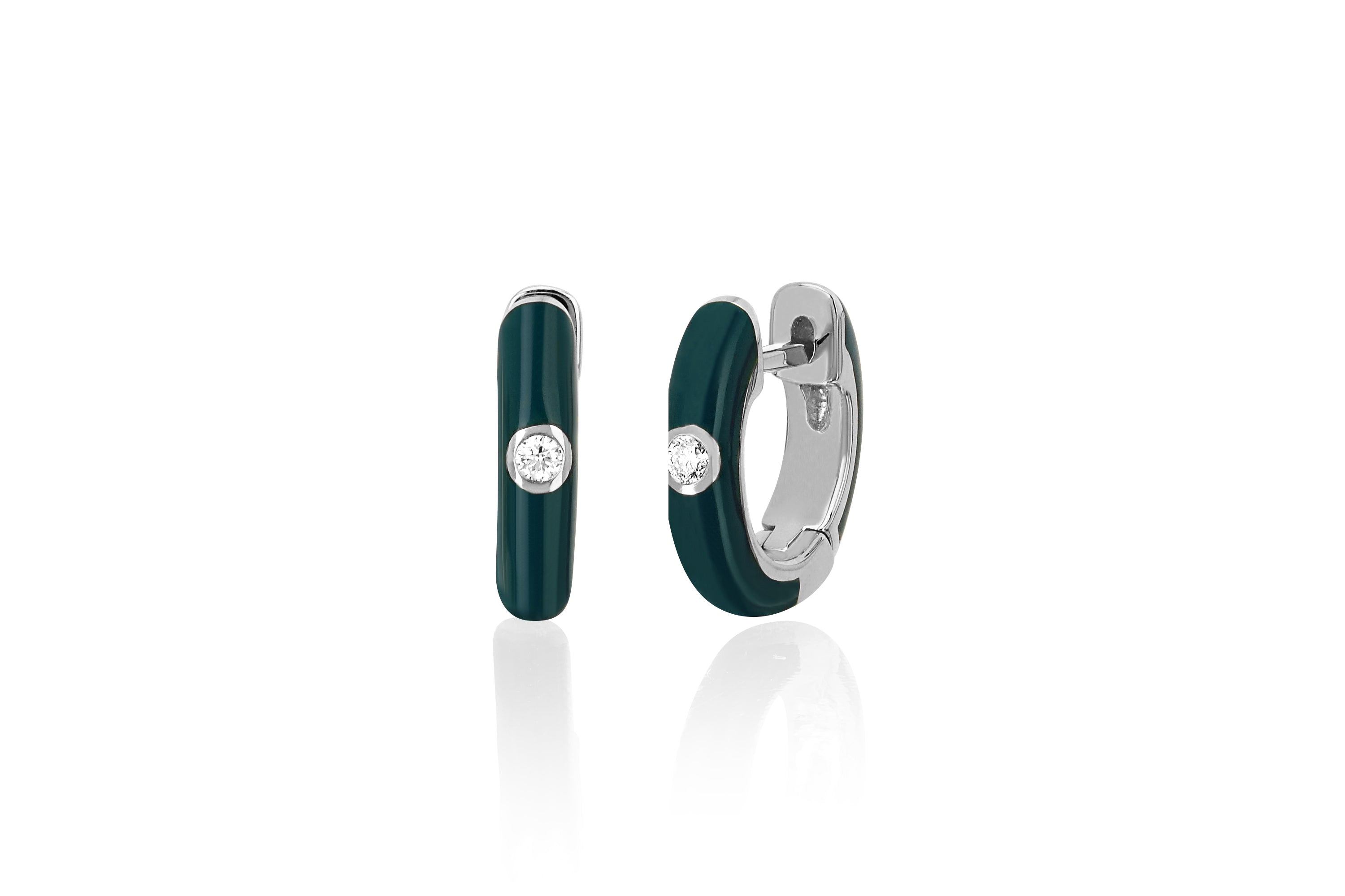 Diamond Hunter Green Enamel Huggie Earring in 14k white gold