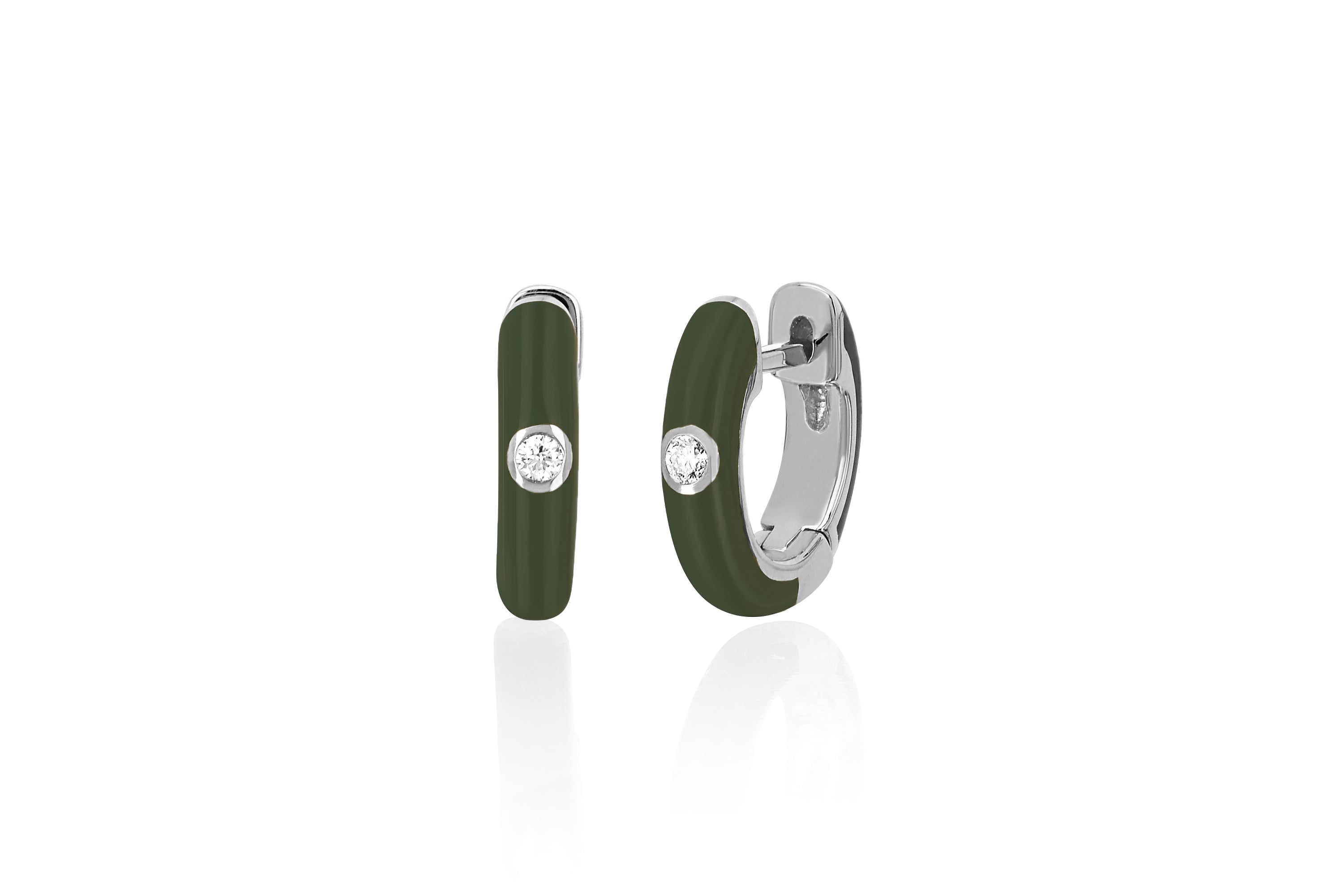Diamond Olive Enamel Huggie Earring in 14k white gold