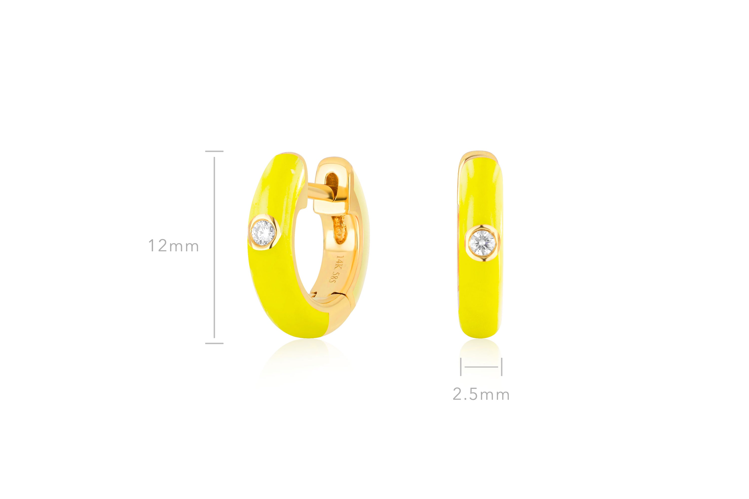 Diamond Yellow Enamel Huggie Earring in 14k yellow gold with size measurement of 12mm height and 2.5mm diameter