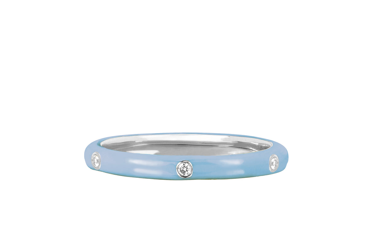 3 Diamond Baby Blue Enamel Stack Ring in 14k white gold