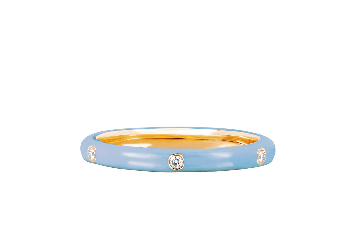 3 Diamond Baby Blue Enamel Stack Ring in 14k yellow gold