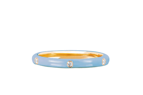3 Diamond Baby Blue Enamel Stack Ring in 14k yellow gold