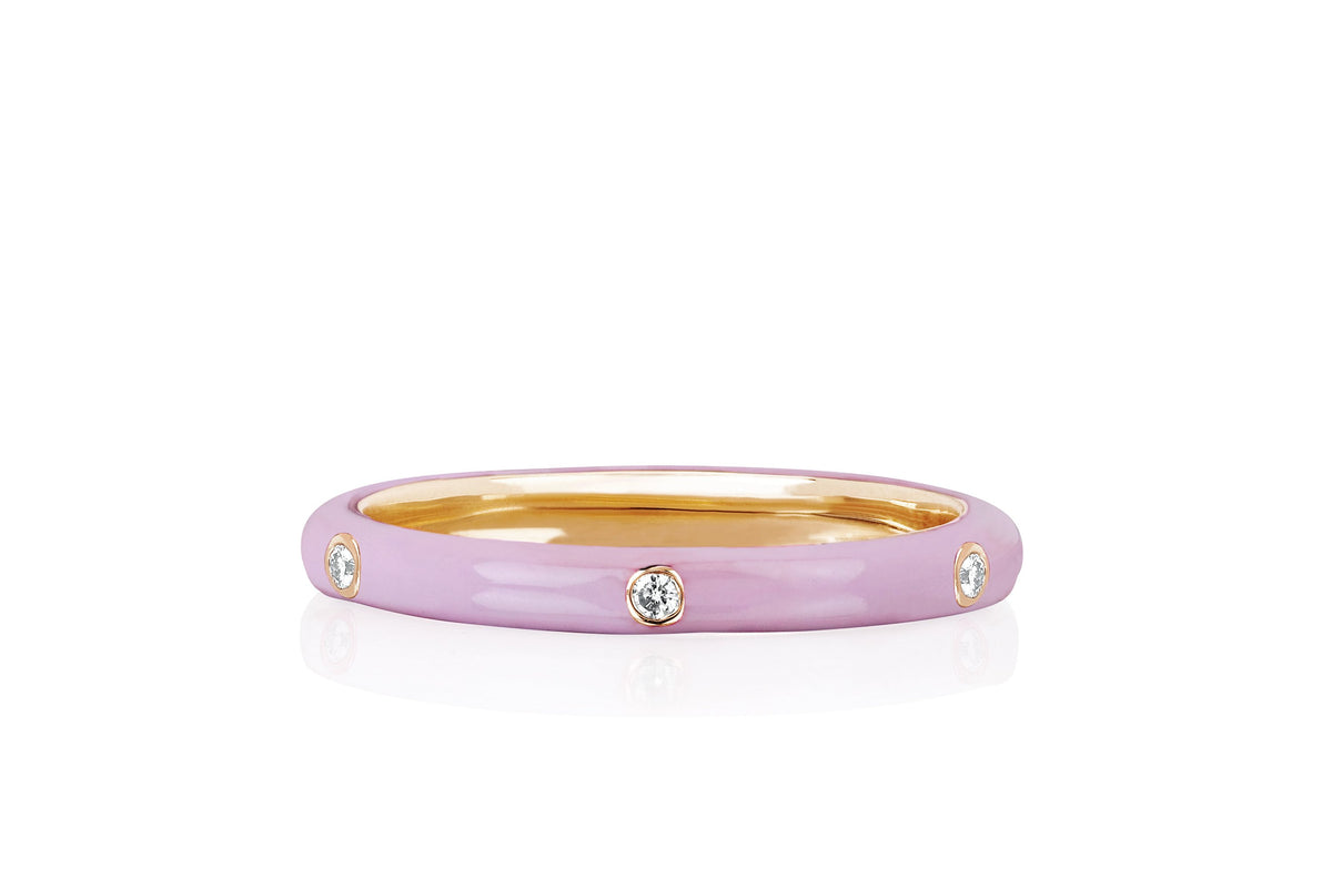 3 Diamond Light Pink Enamel Stack Ring in 14k rose gold