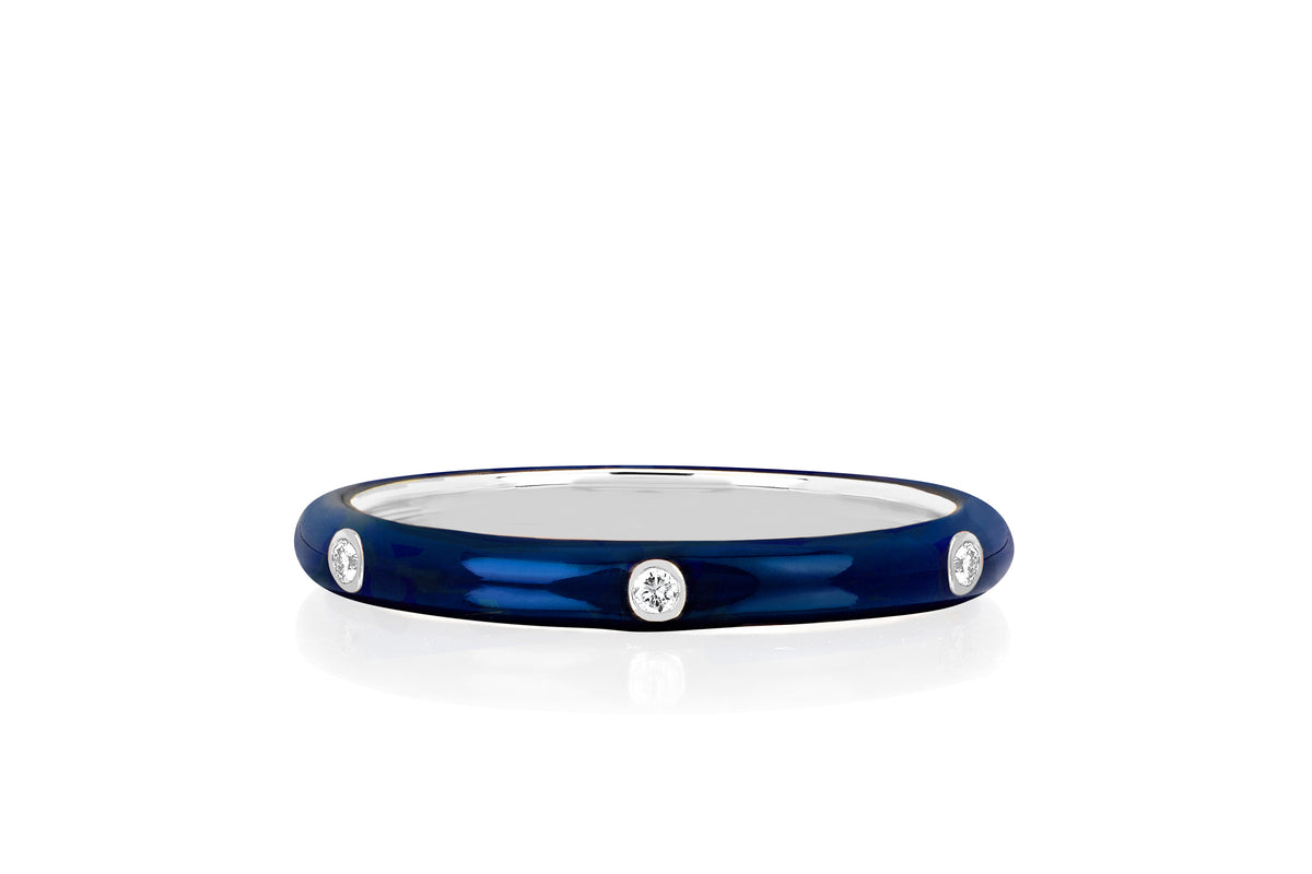 3 Diamond Navy Enamel Stack Ring in 14k white gold
