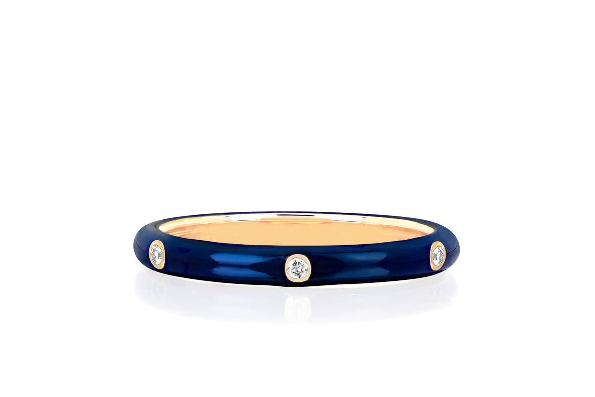 3 Diamond Navy Enamel Stack Ring in 14k yellow gold