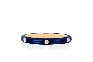 3 Diamond Navy Enamel Stack Ring in 14k yellow gold
