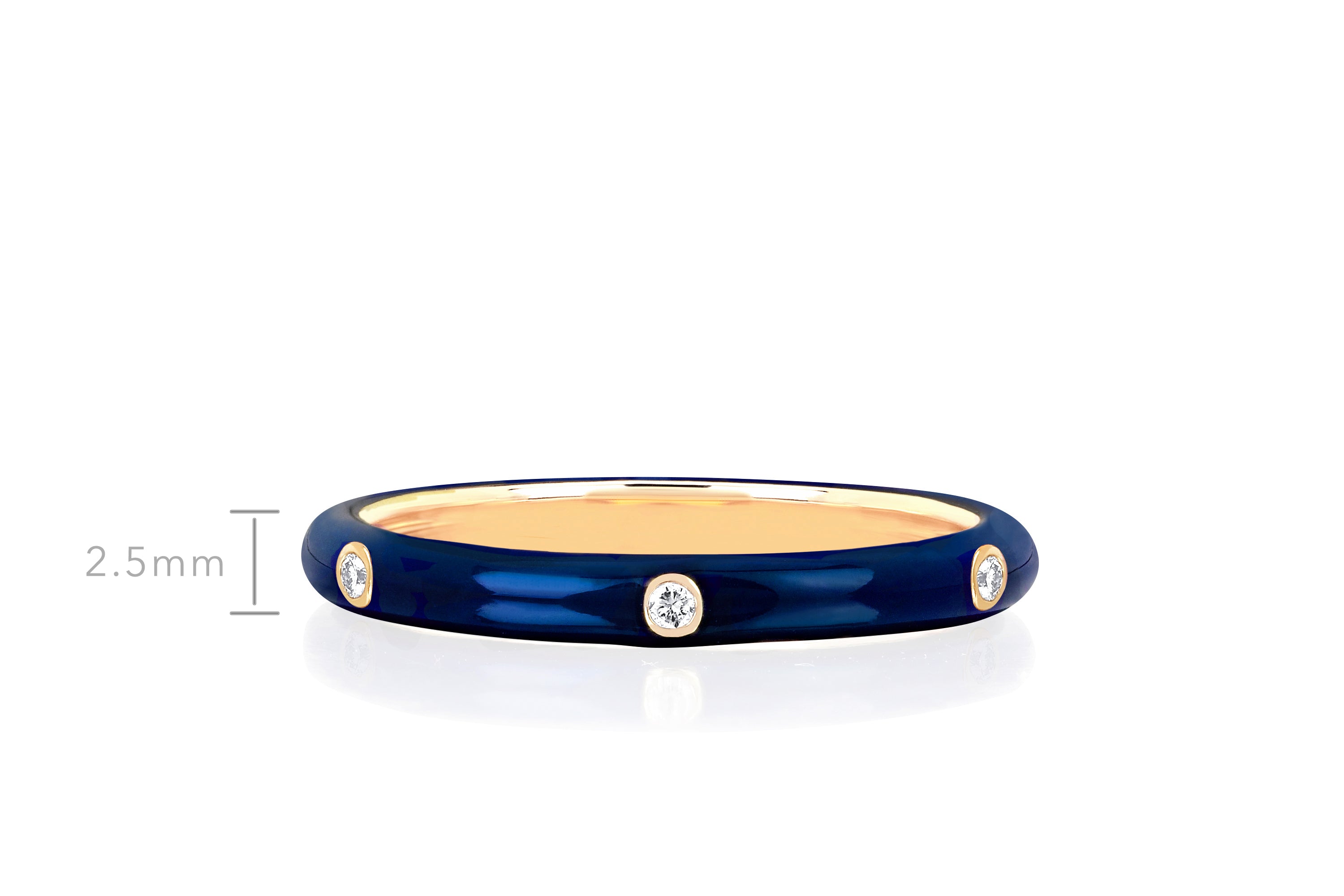 3 Diamond Navy Enamel Stack Ring in 14k yellow gold with size measurement of 2.5mm in height