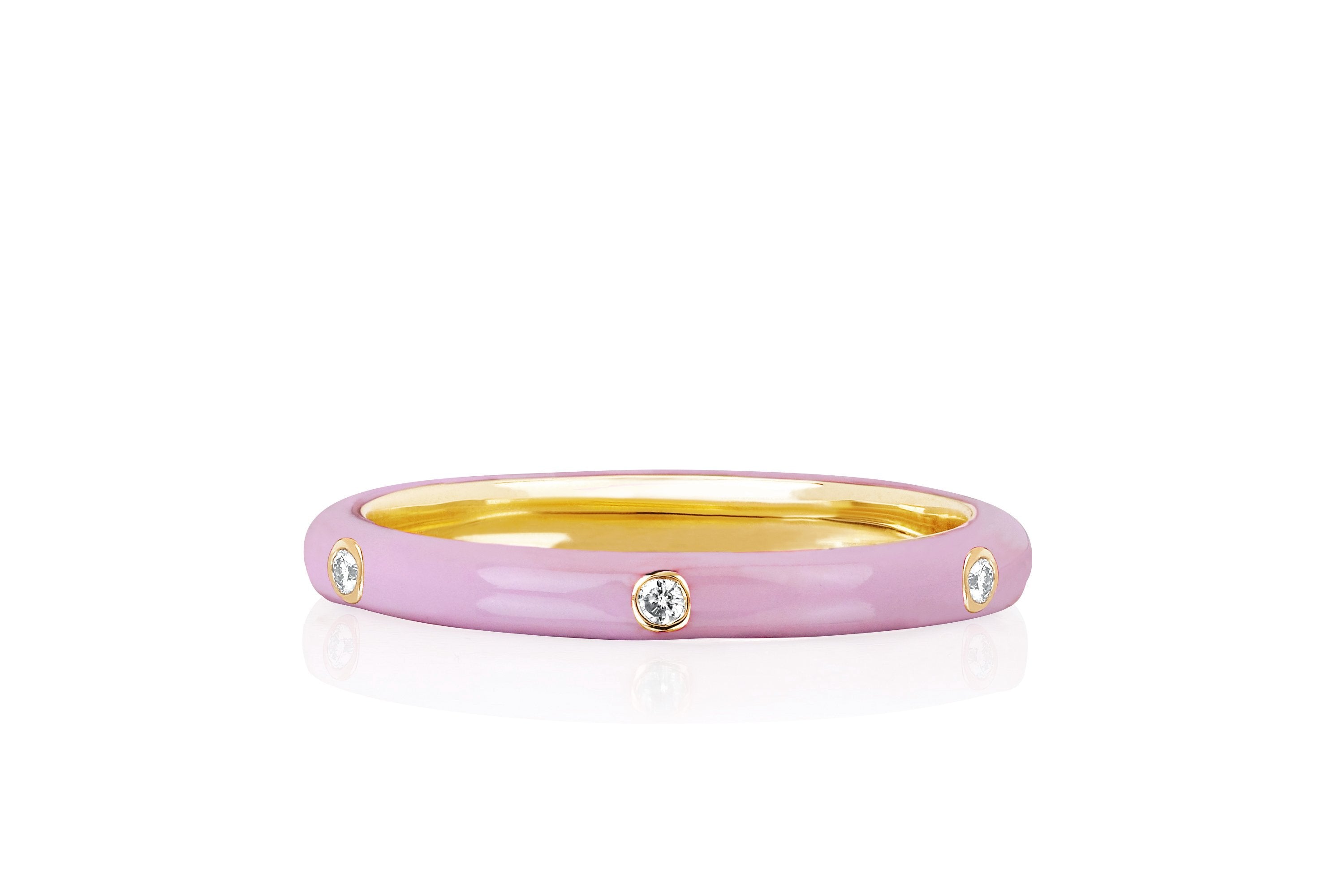 3 Diamond Light Pink Enamel Stack Ring in 14k yellow gold