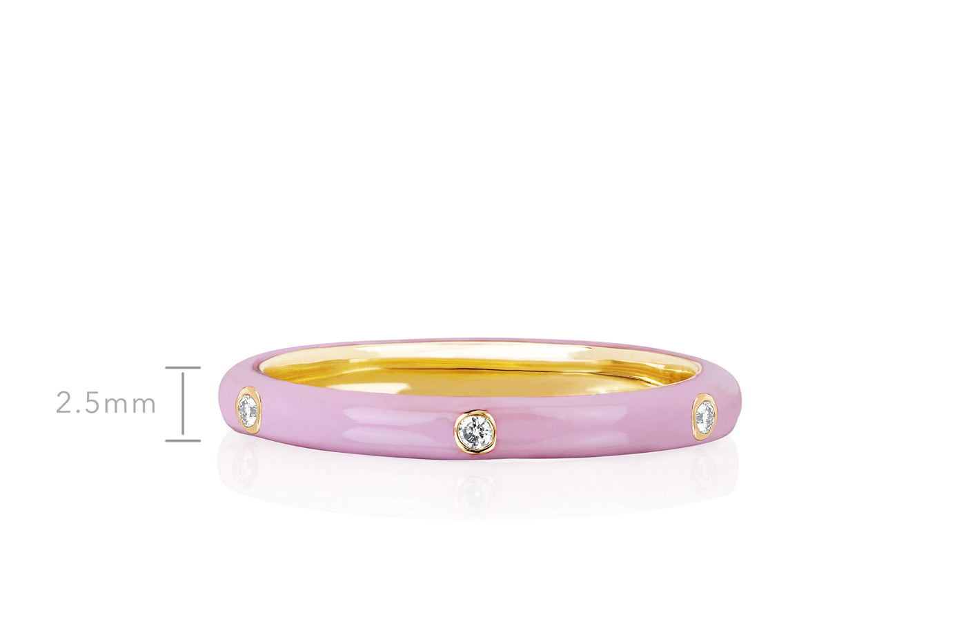 3 Diamond Light Pink Enamel Stack Ring in 14k yellow gold with size measurement of 2.5mm