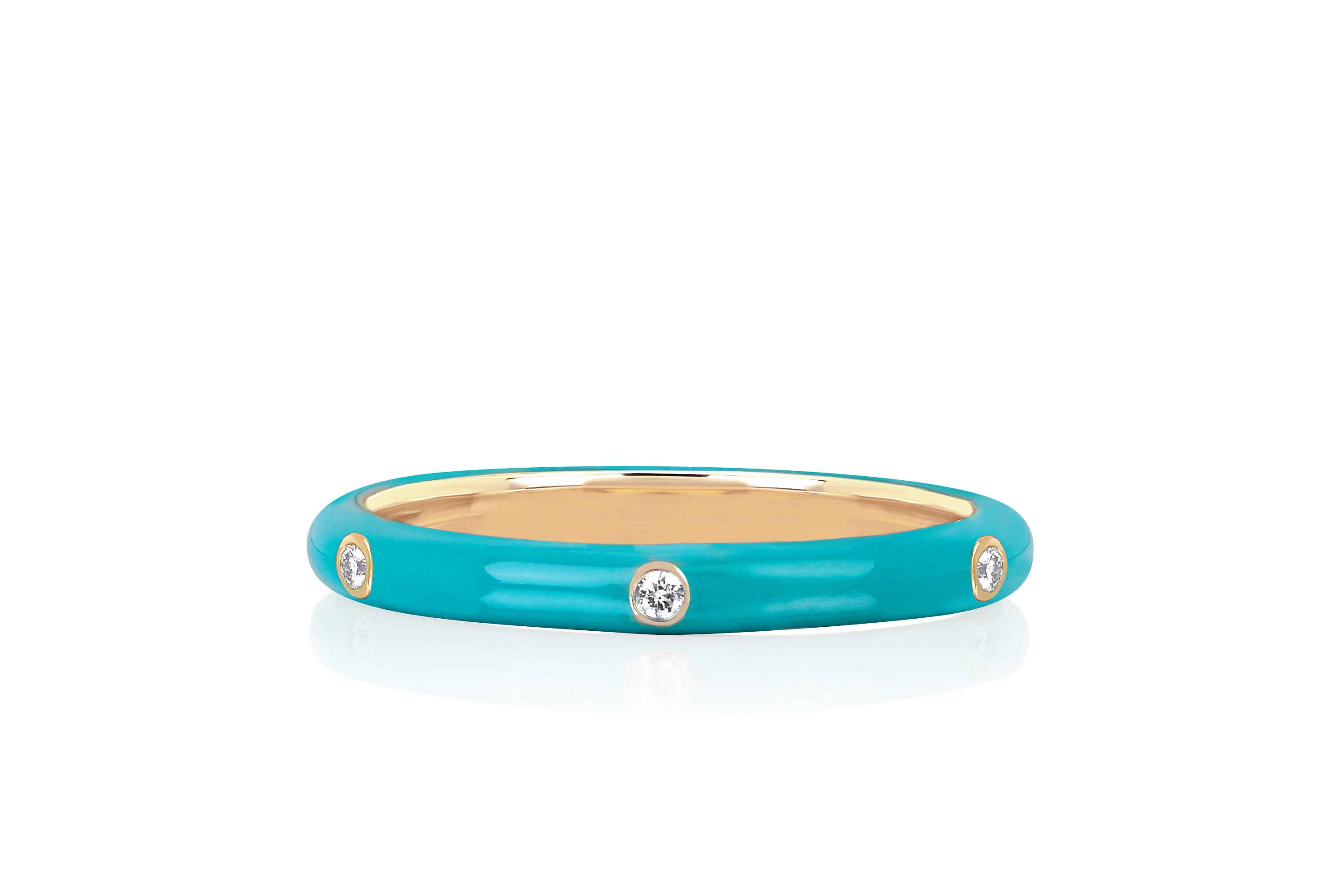 3 Diamond Turquoise Enamel Stack Ring in 14k yellow gold