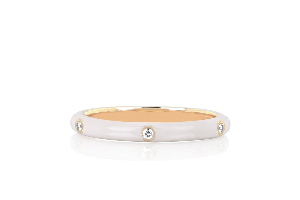 3 Diamond & White Enamel Stack Ring in 14k yellow gold
