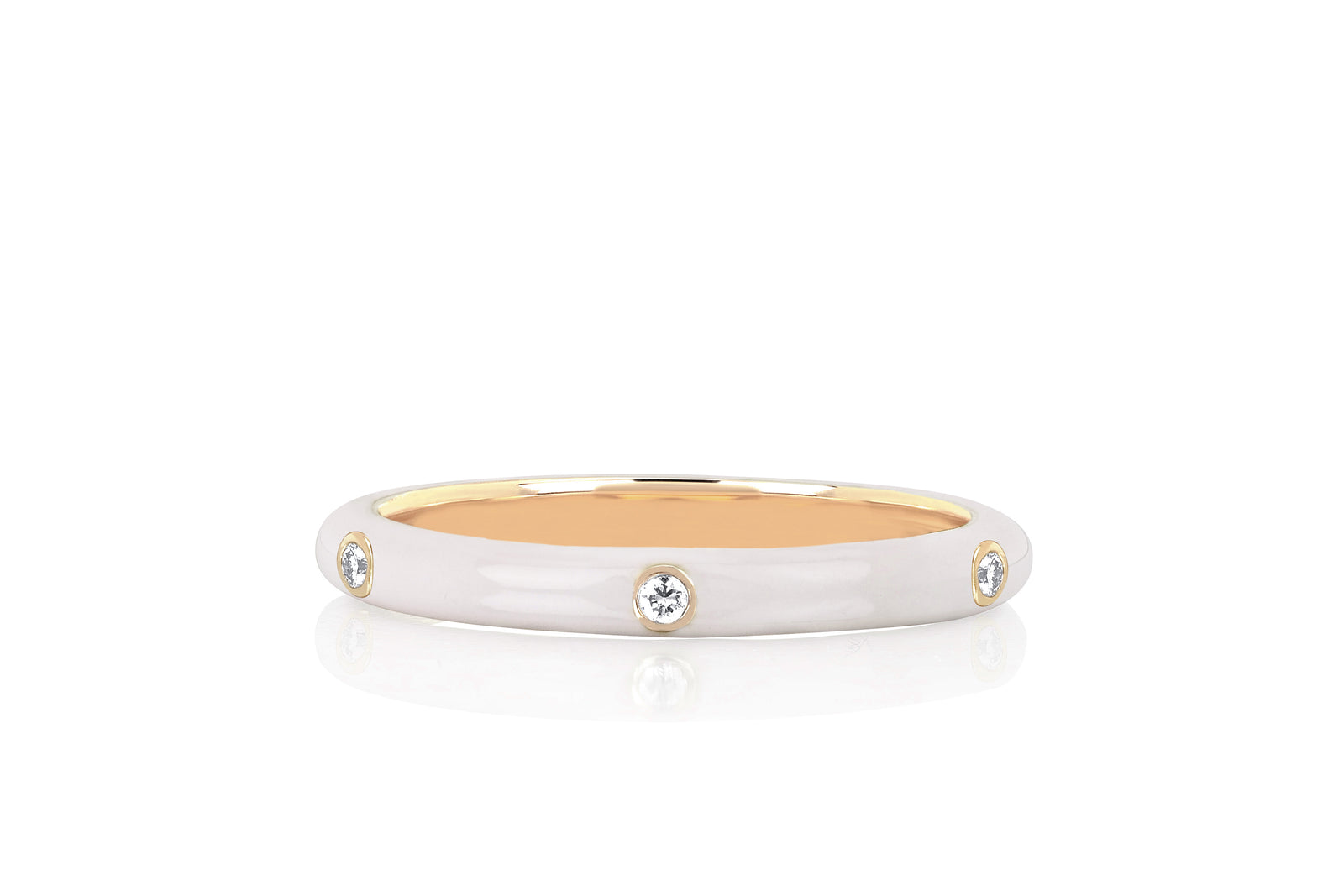 3 Diamond & White Enamel Stack Ring in 14k yellow gold