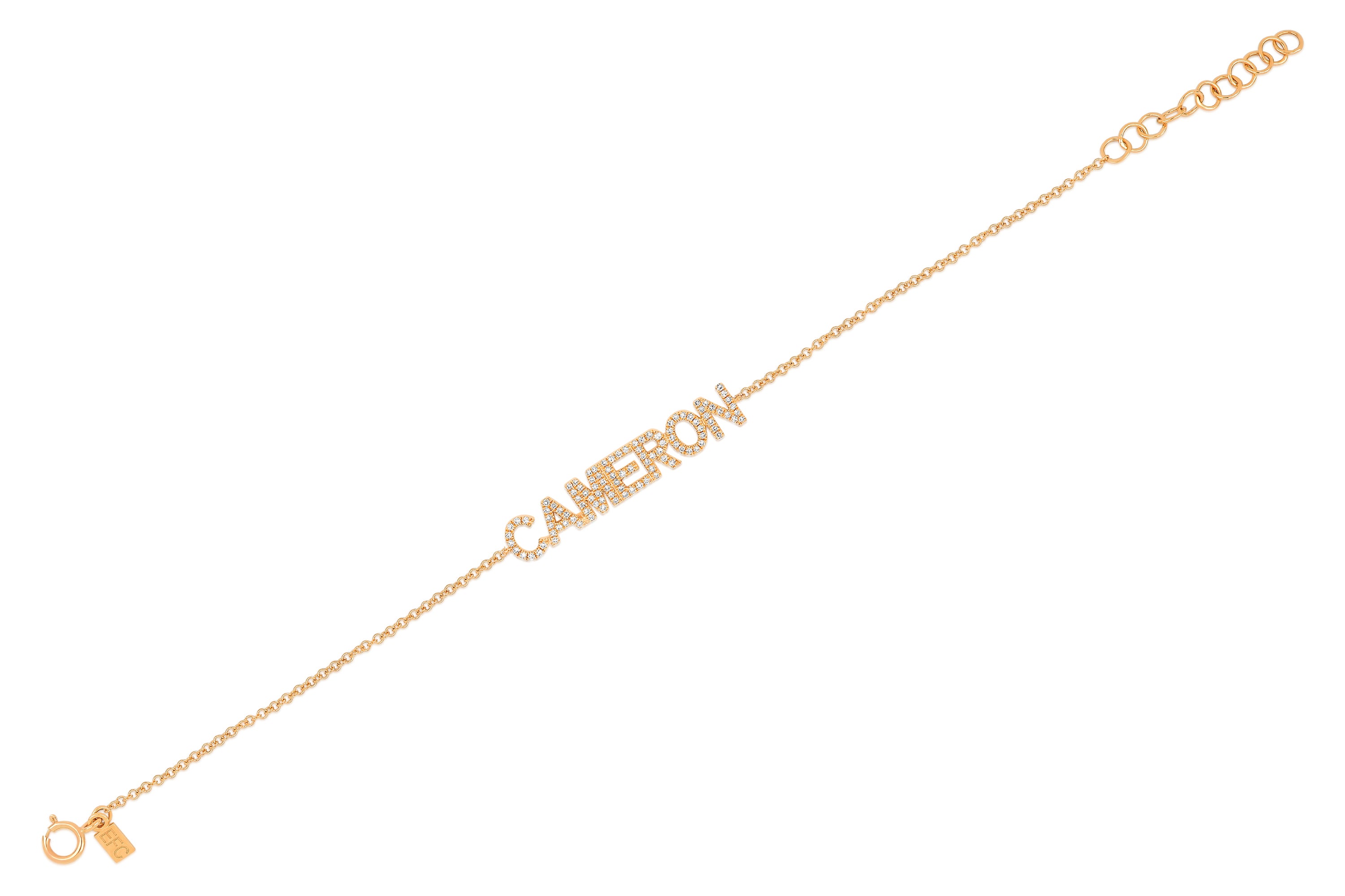 14k (karat) rose gold diamond custom name bracelet with upper-case block letters chosen by you and set on a 14k (karat) rose gold adjustable chain.