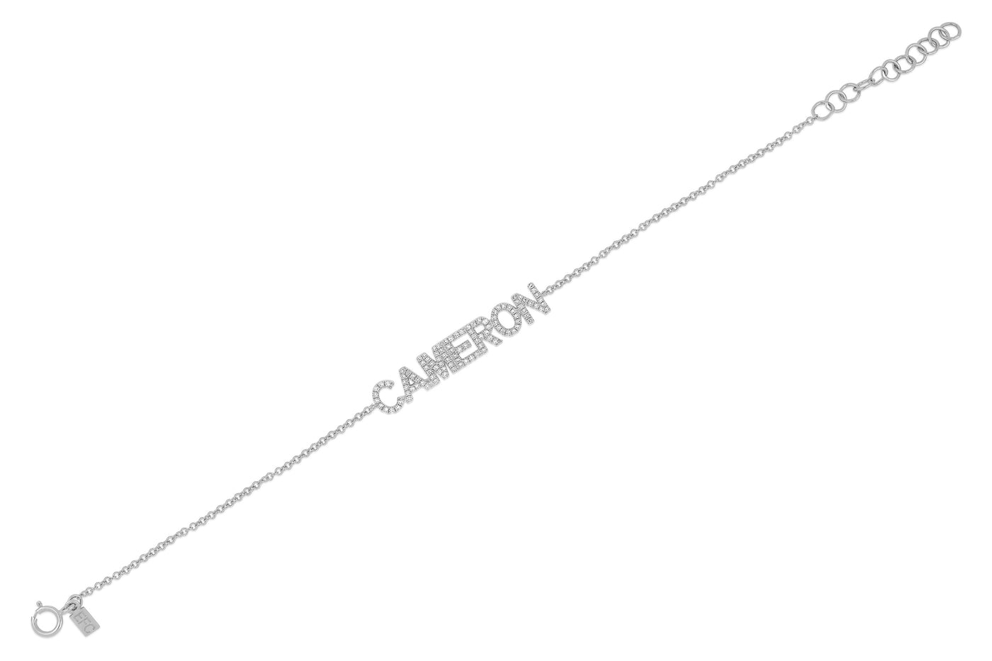14k (karat) white gold diamond custom name bracelet with upper-case block letters chosen by you and set on a 14k (karat) white gold adjustable chain.