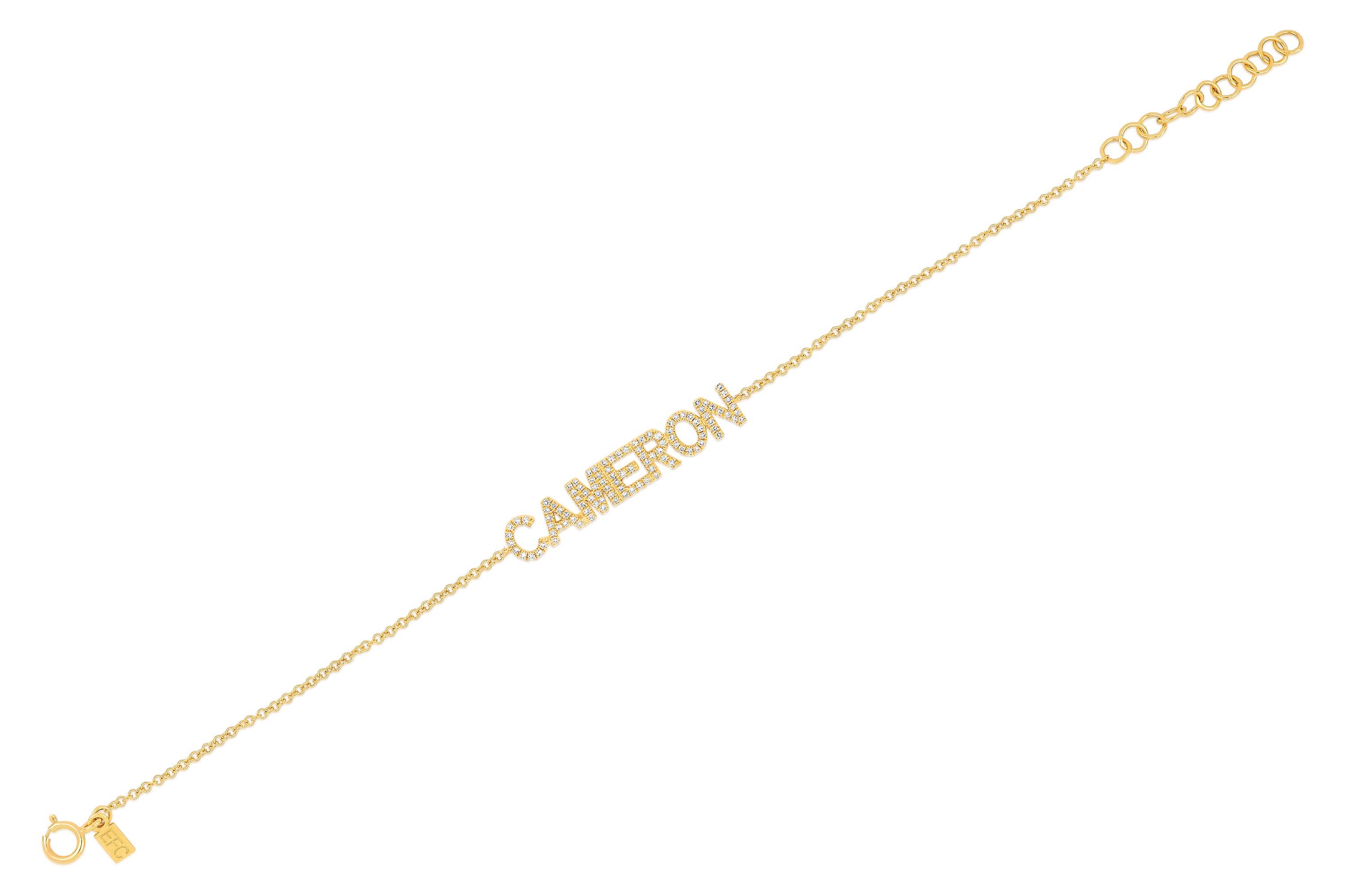 14k (karat) yellow gold diamond custom name bracelet with upper-case block letters chosen by you and set on a 14k (karat) yellow gold adjustable chain.