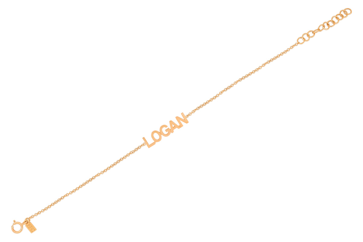 14k (karat) rose gold custom name bracelet in block lettering.