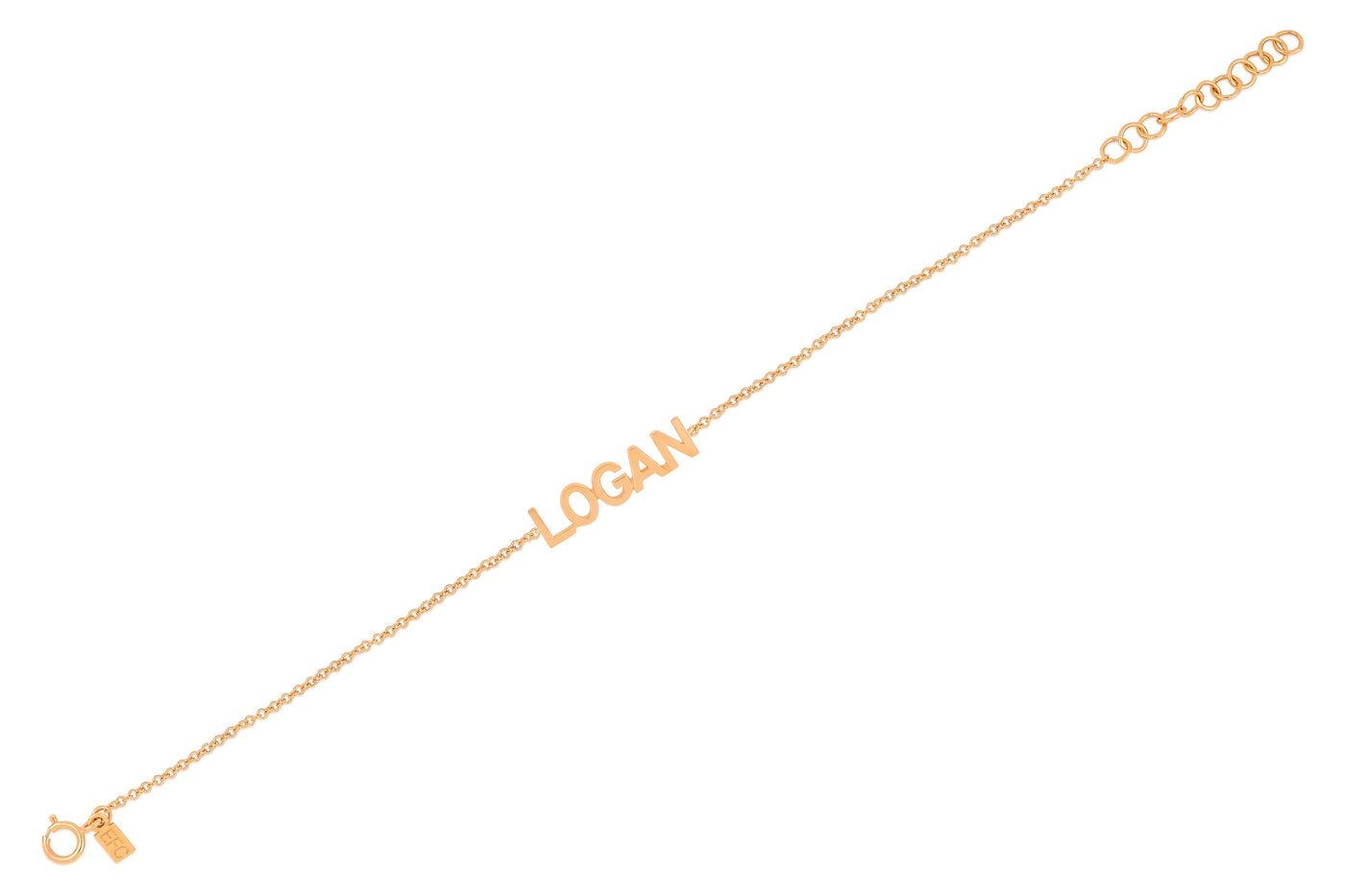 14k (karat) rose gold custom name bracelet in block lettering.