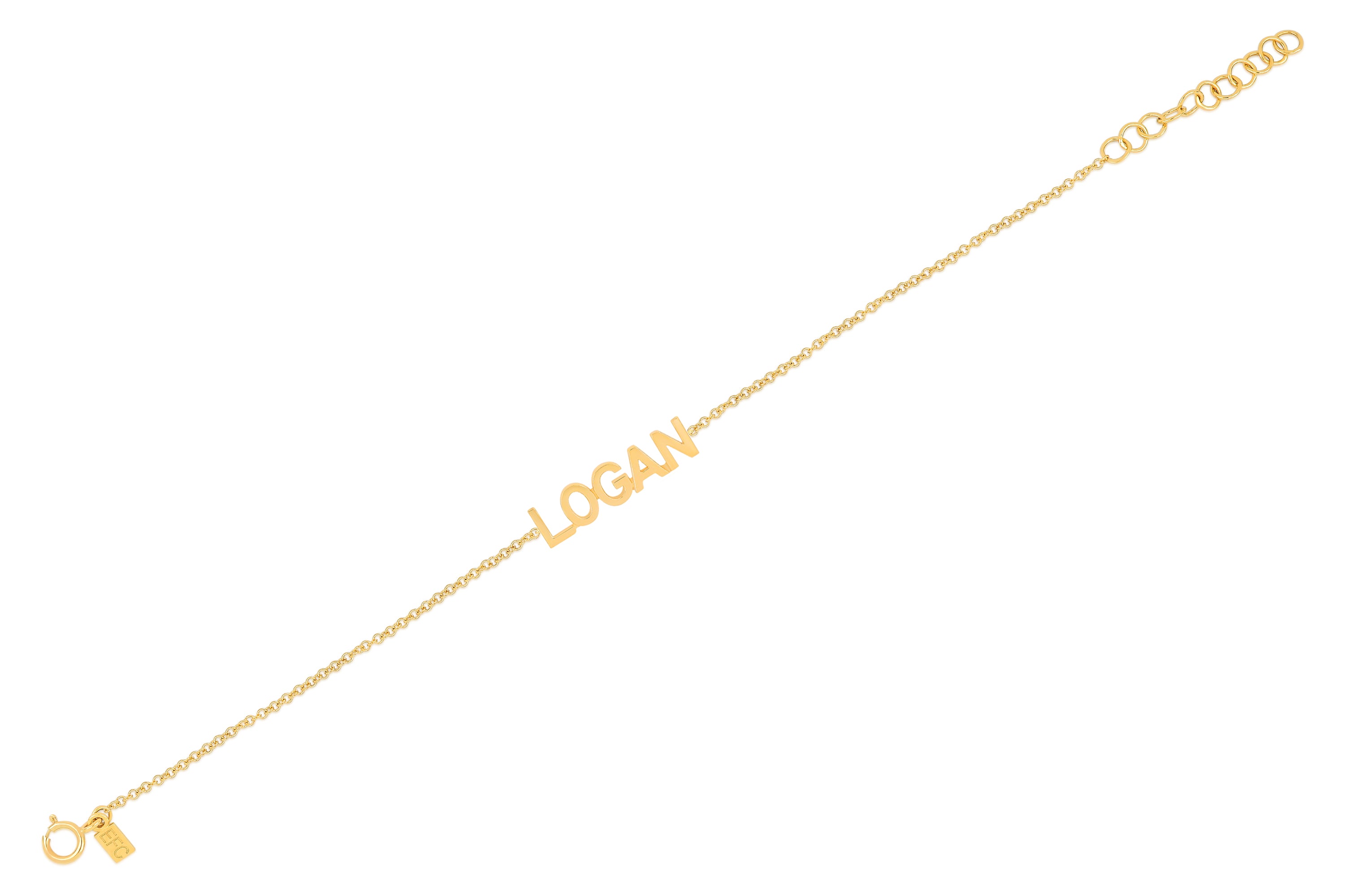 14k (karat) yellow gold custom name bracelet in block lettering.