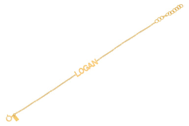 14k (karat) yellow gold custom name bracelet in block lettering.