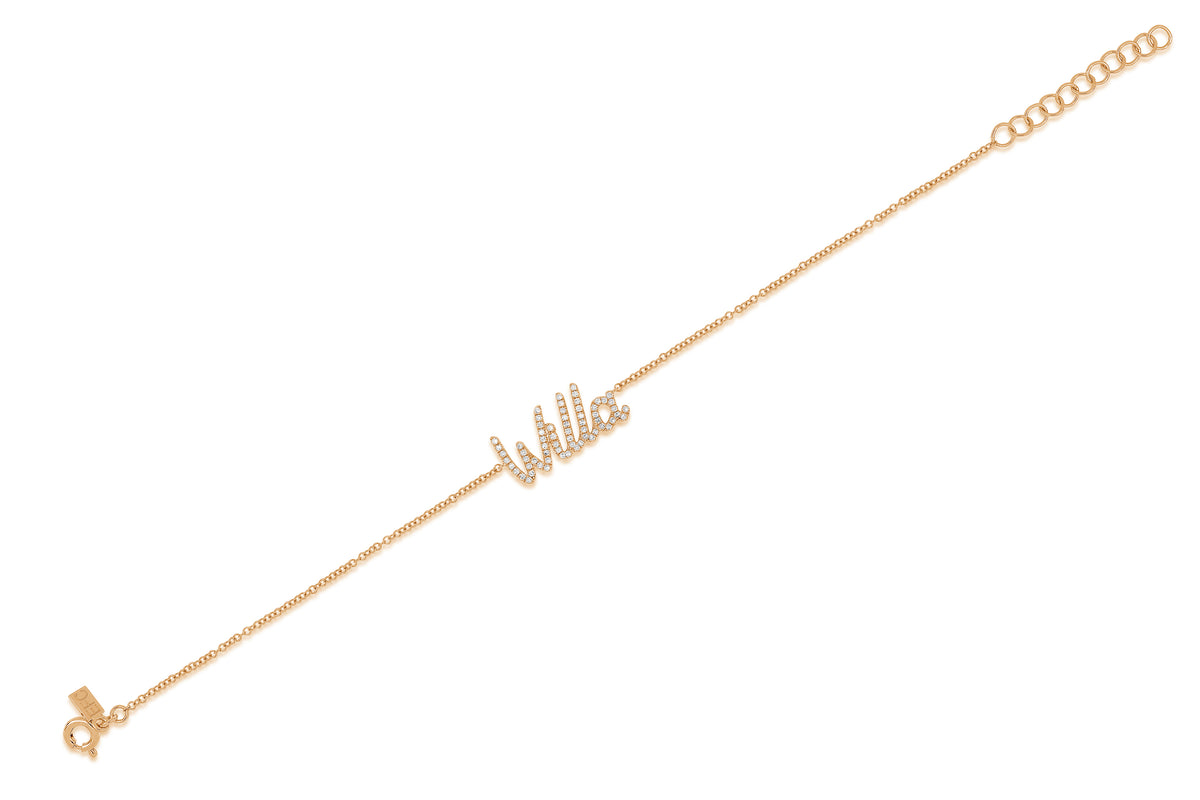 14k (karat) rose gold bracelet with up to 10 letters of customized diamond encrusted script.