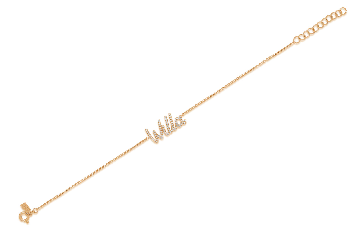 14k (karat) rose gold bracelet with up to 10 letters of customized diamond encrusted script.