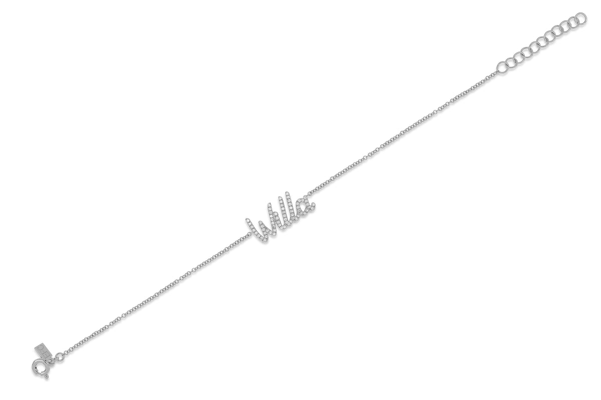 14k (karat) white gold bracelet with up to 10 letters of customized diamond encrusted script.