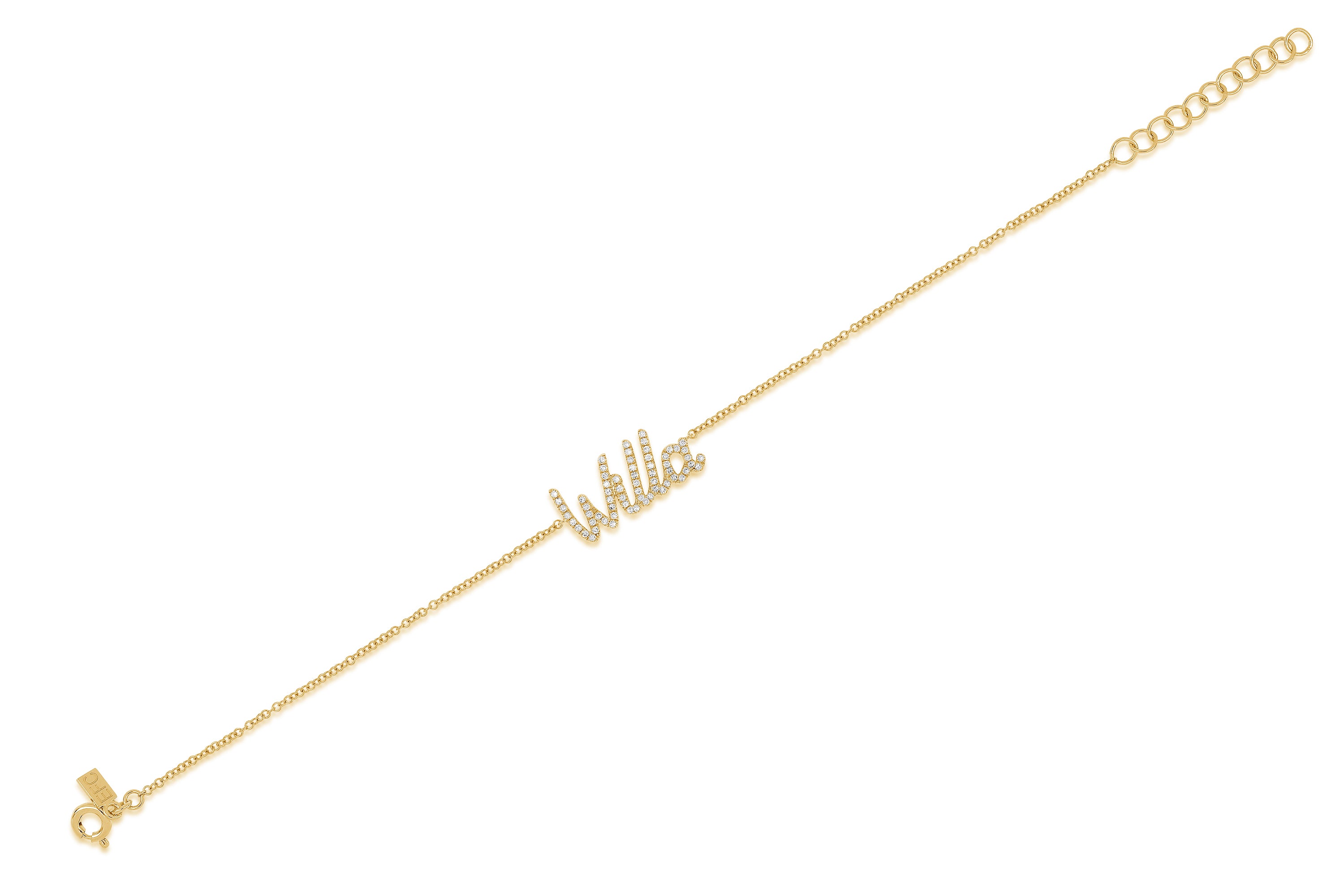 14k (karat) yellow gold bracelet with up to 10 letters of customized diamond encrusted script.