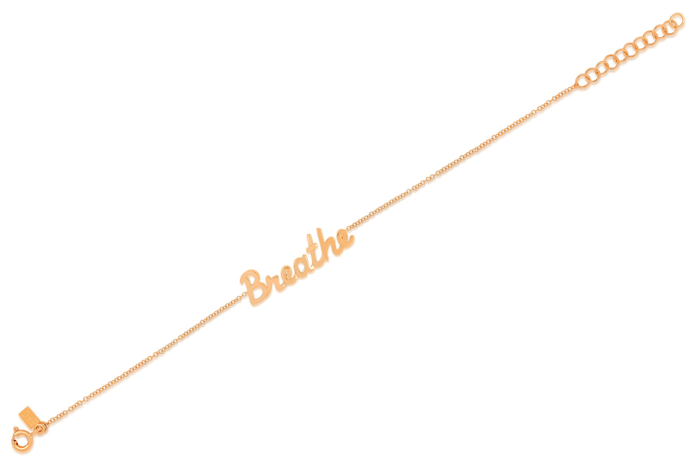 14k (karat) rose gold bracelet with custom script name detail on an adjustable 6-7 inch chain