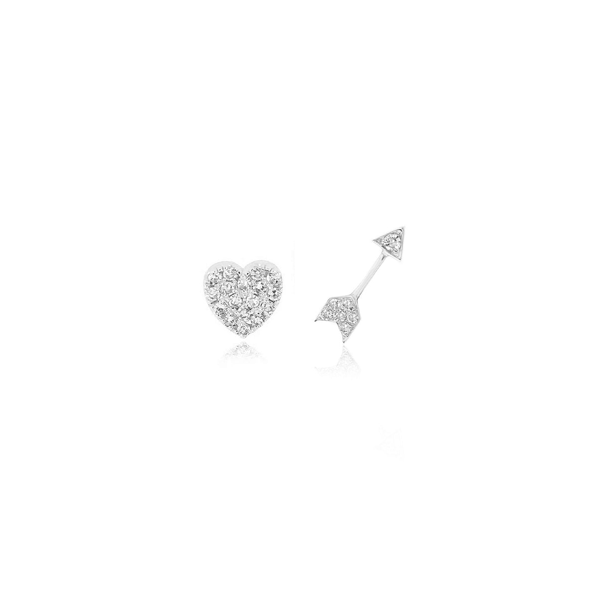 The Love Set in 14k white gold with 1 heart earring and 1 arrow earring