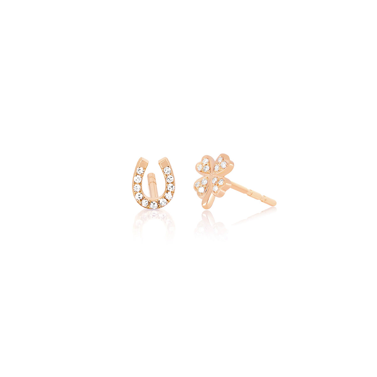 The Lucky Set in 14k Rose Gold featuring 1 Horse Shoe Stud and 1 Clover Stud