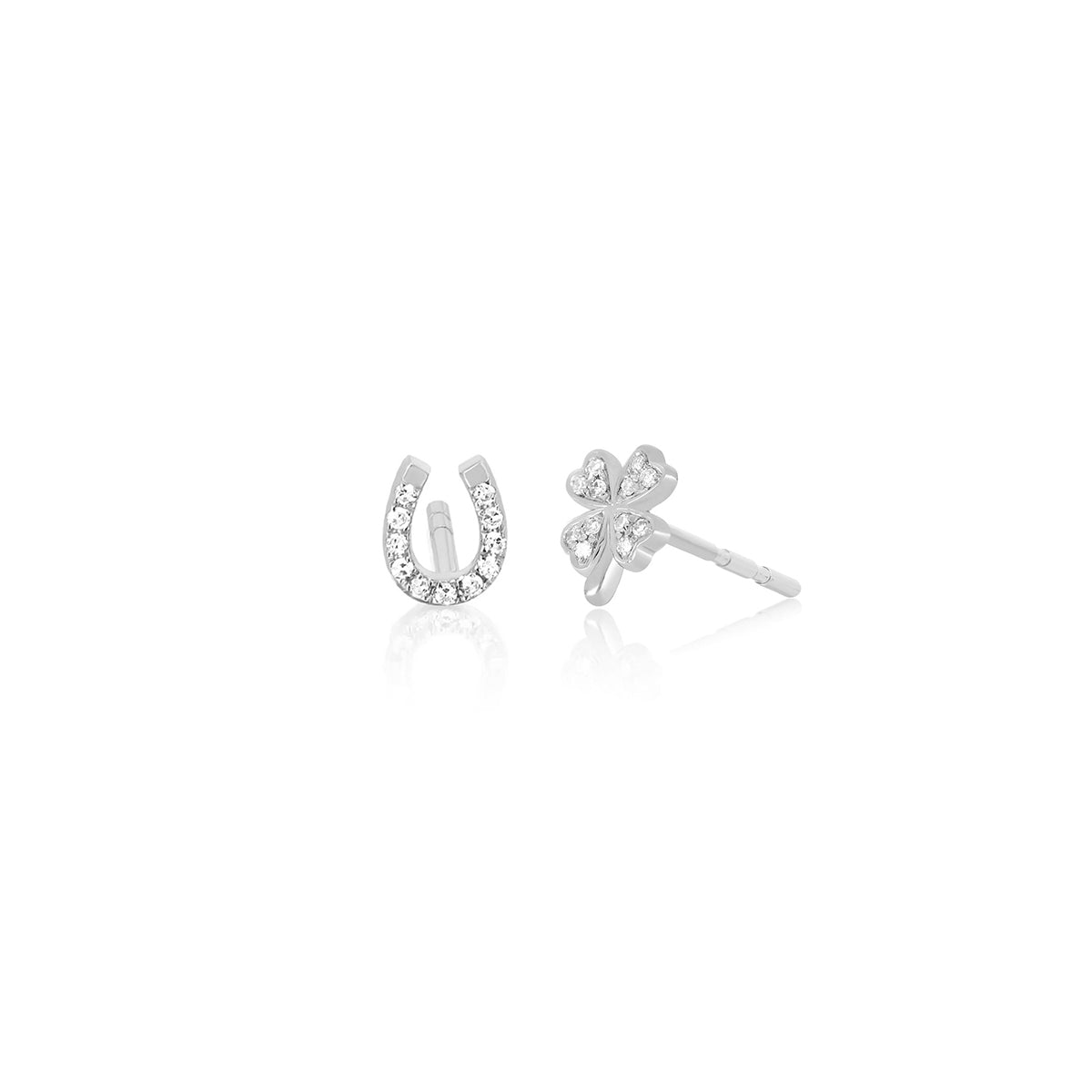 The Lucky Set in 14k White Gold featuring 1 Horse Shoe Stud and 1 Clover Stud