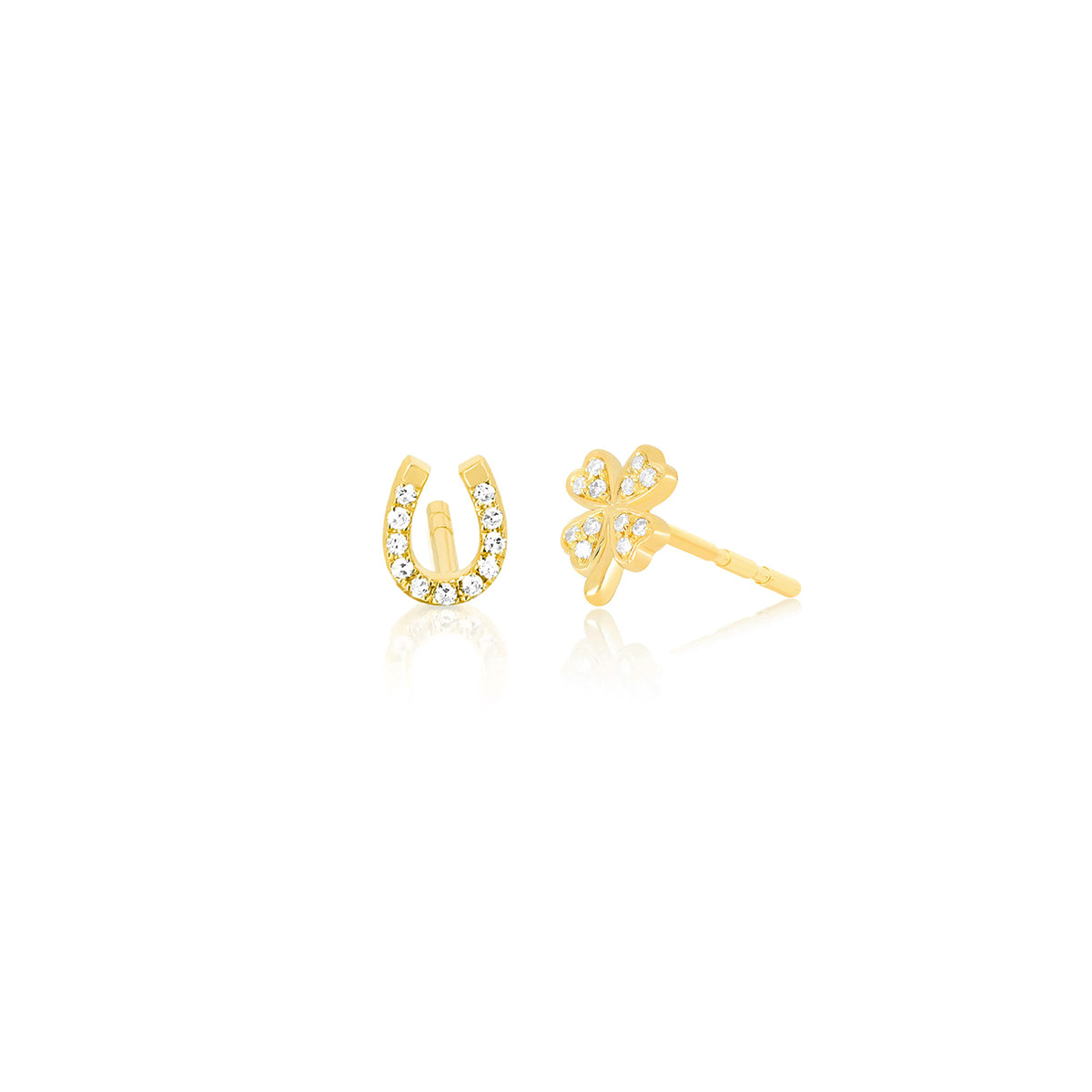 The Lucky Set in 14k Yellow Gold featuring 1 Horse Shoe Stud and 1 Clover Stud